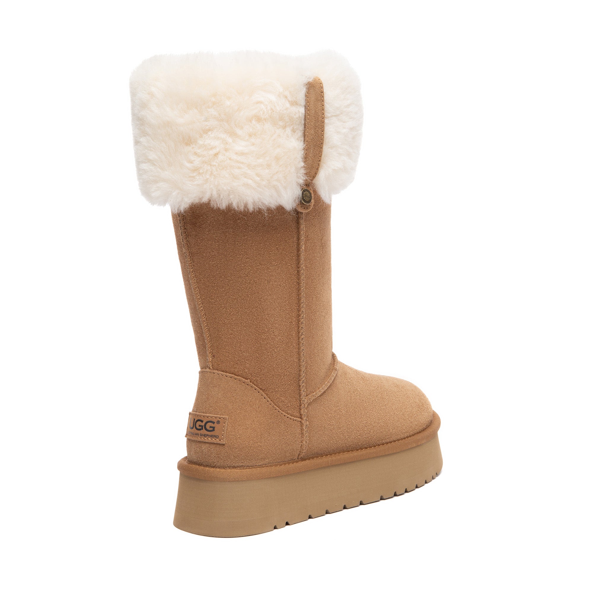 EverUgg fluffy collar platform tall UGG boots with shearling lining and thick sole, showcasing stylish winter footwear.