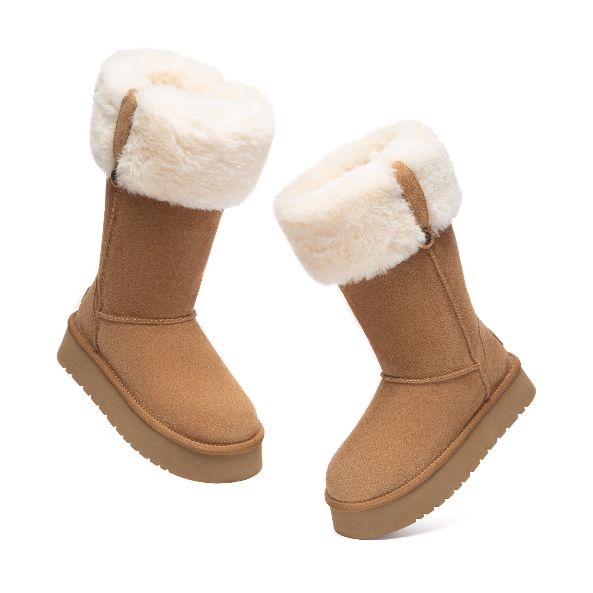 EverUgg fluffy collar platform tall UGG boots with plush lining and chunky soles, showcasing a stylish winter footwear design.