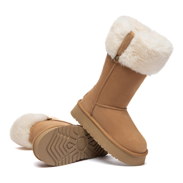 EverUgg fluffy collar platform tall UGG boots with cozy fur lining and chunky sole, stylish and warm winter footwear.