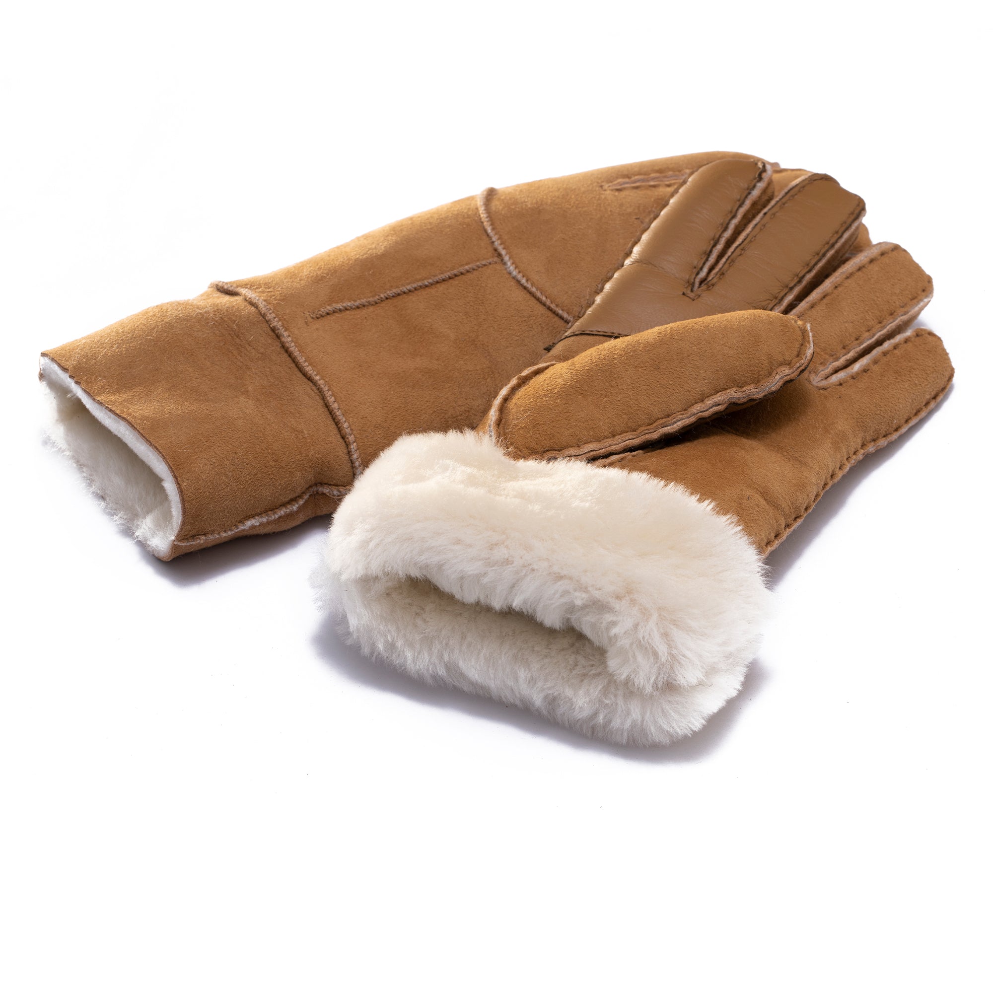 EverUgg Fluffy Puffs ladies sheepskin gloves with soft, plush texture and cozy fit, shown on a model's hands.