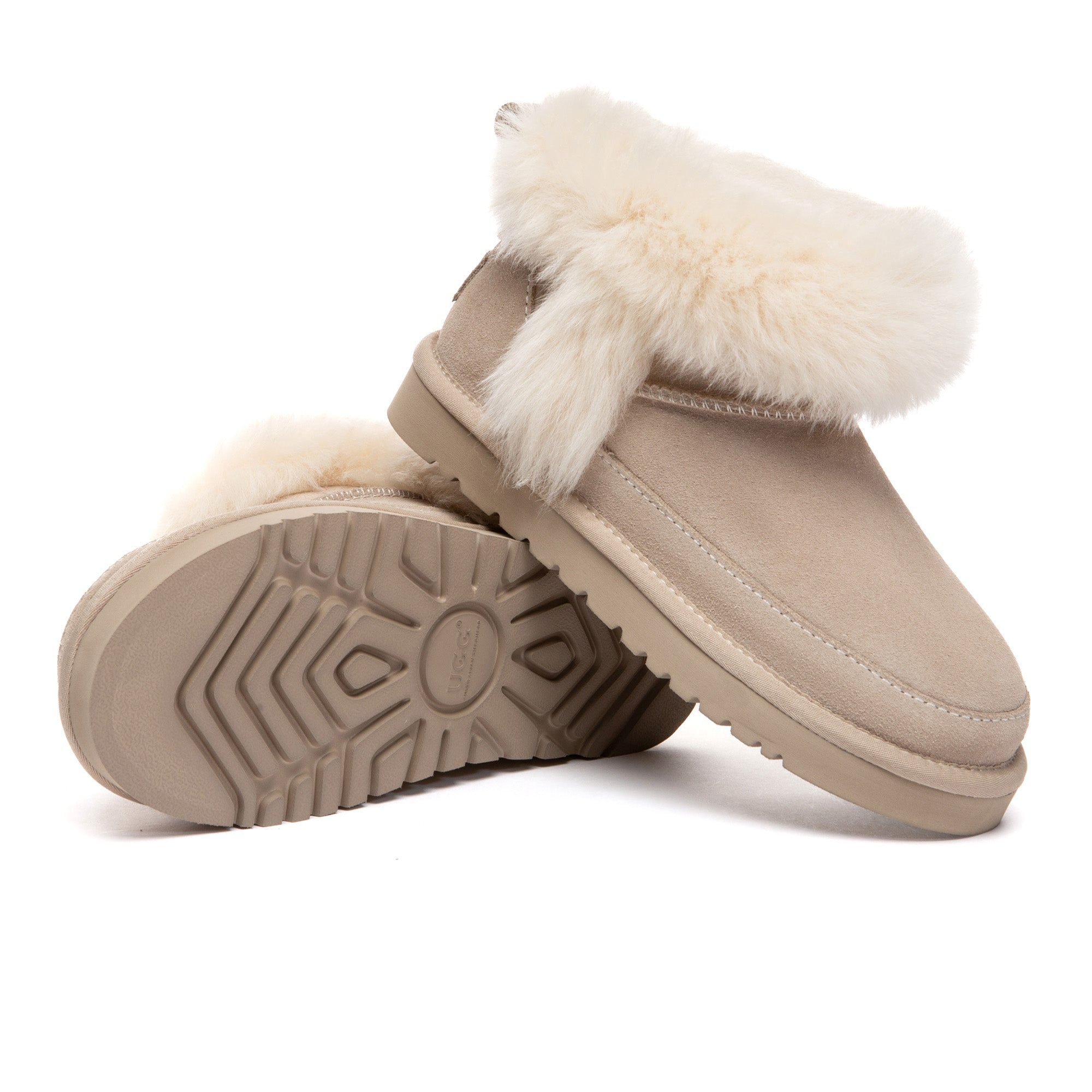 EverUgg Frovi Ultra Mini UGG Boots in soft shearling with plush lining, shown on a model’s feet.