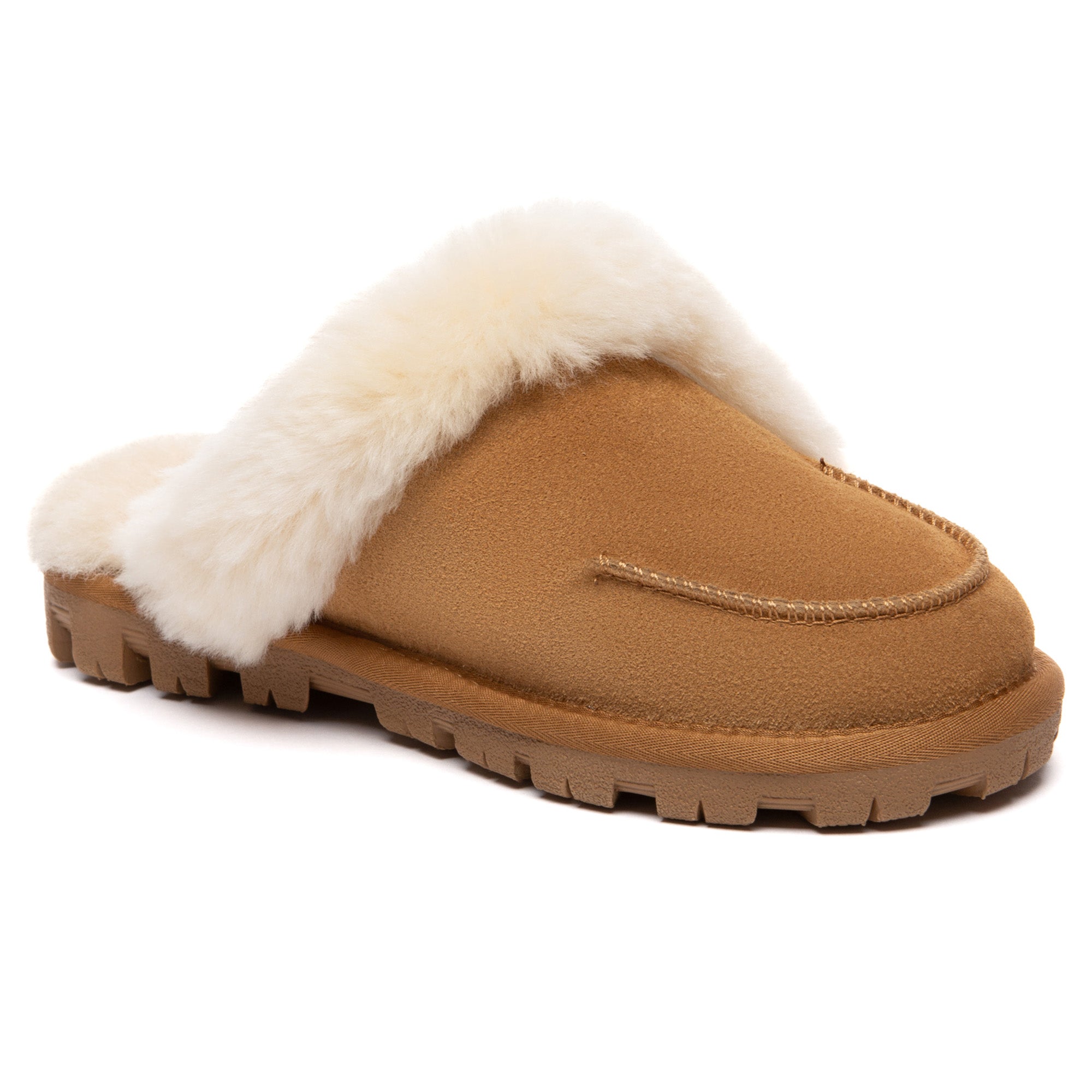 EverUgg Furry Collar Dorian UGG slippers with plush furry collar and soft sole, perfect for cozy indoor wear.