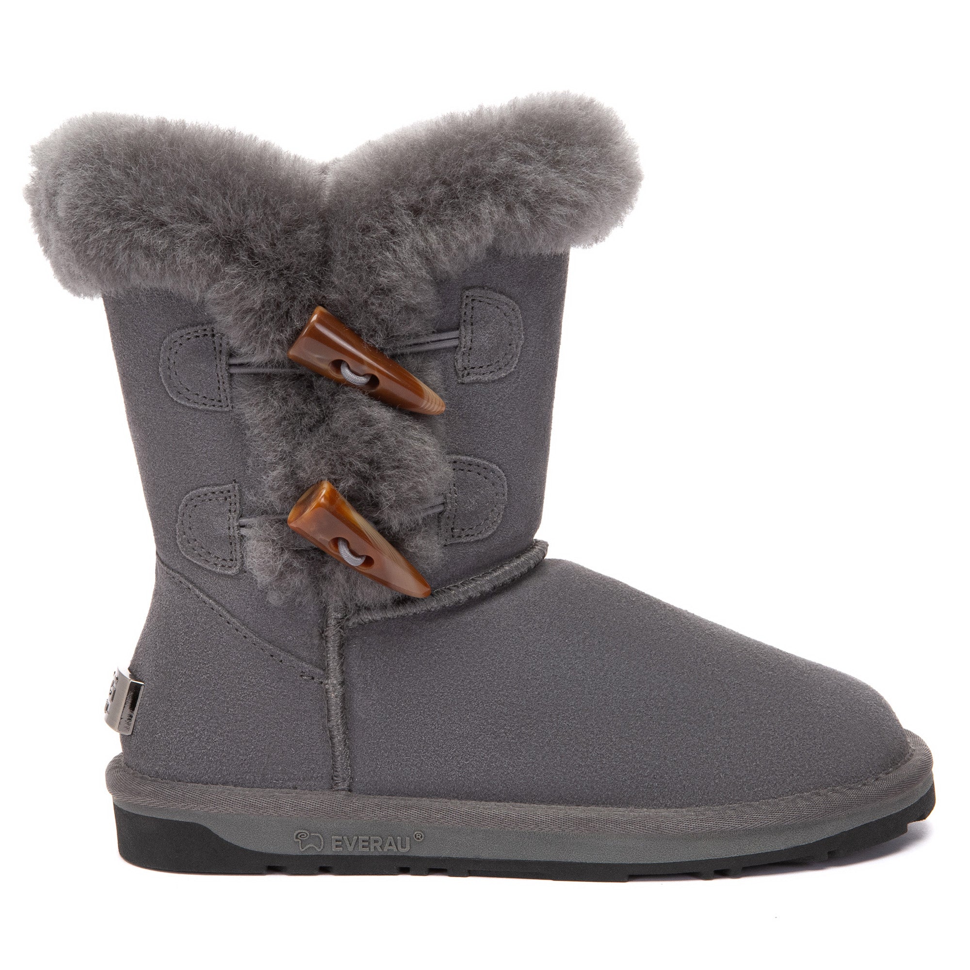 EverUgg Talia Shark 2-Button UGG Boots in black with shark-themed design and two decorative buttons on the side.