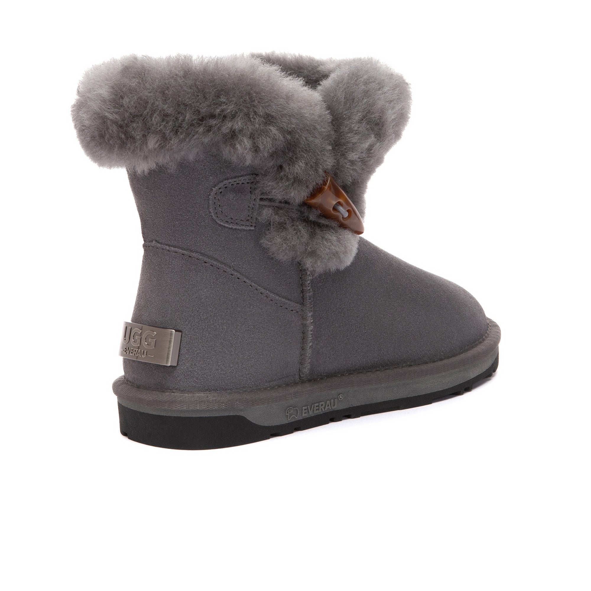EverUgg Tiara Shark Mini Button UGG Boots in tan with decorative buttons and plush fur trim, displayed on a neutral background.