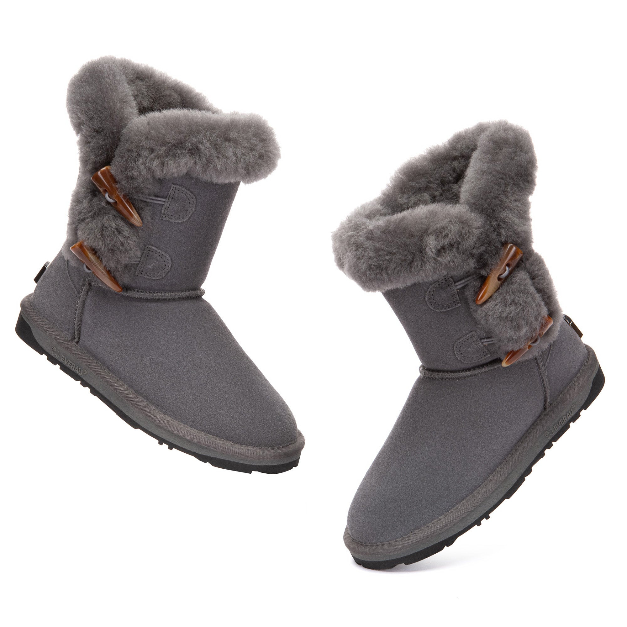 EverUgg Talia Shark 2-Button UGG Boots in taupe, featuring a plush interior and classic design with button accents and durable sole.