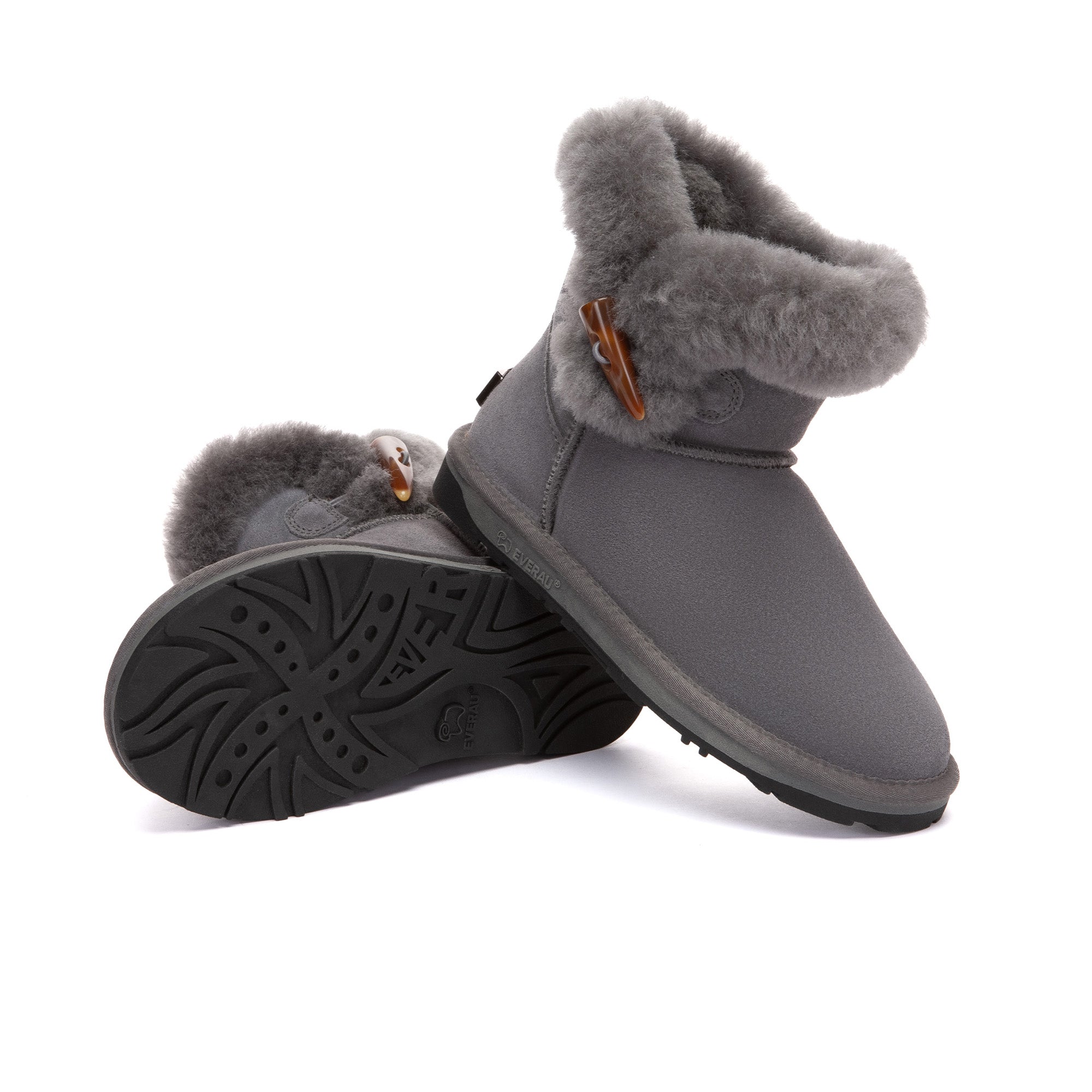 EverUgg Tiara Shark Mini Button UGG Boots showing the black boots with decorative buttons and plush interior detail