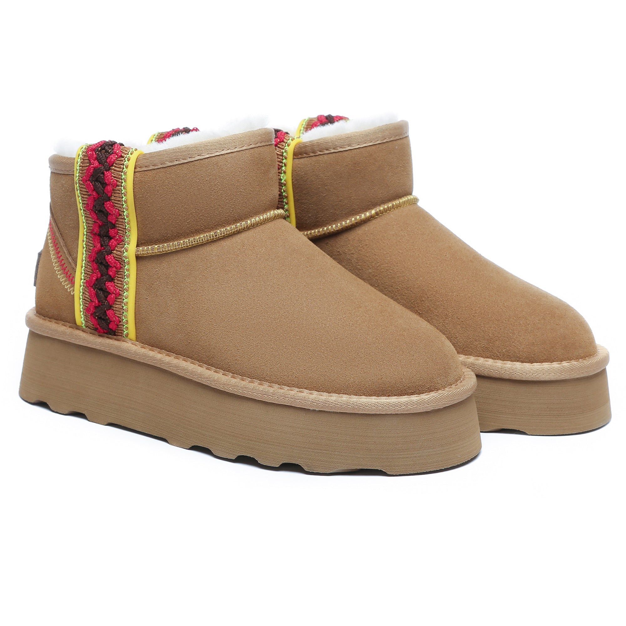 EverUgg Hazel Platform Mini UGG Boots in tan with plush lining and chunky soles, displayed on a white background.
