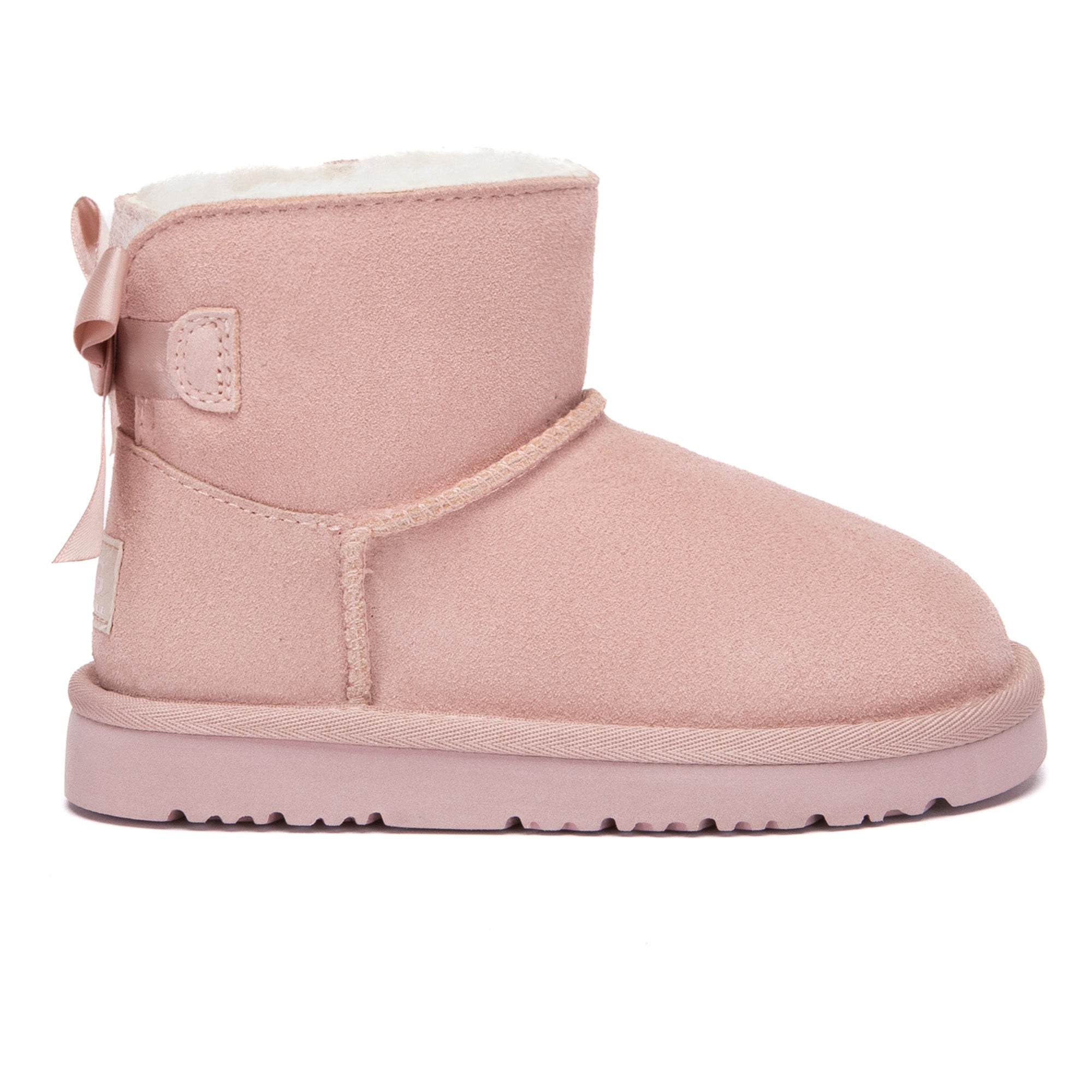 Kids mini UGG boots with back bow in classic style, featuring soft suede material and cozy lining from EverUgg.