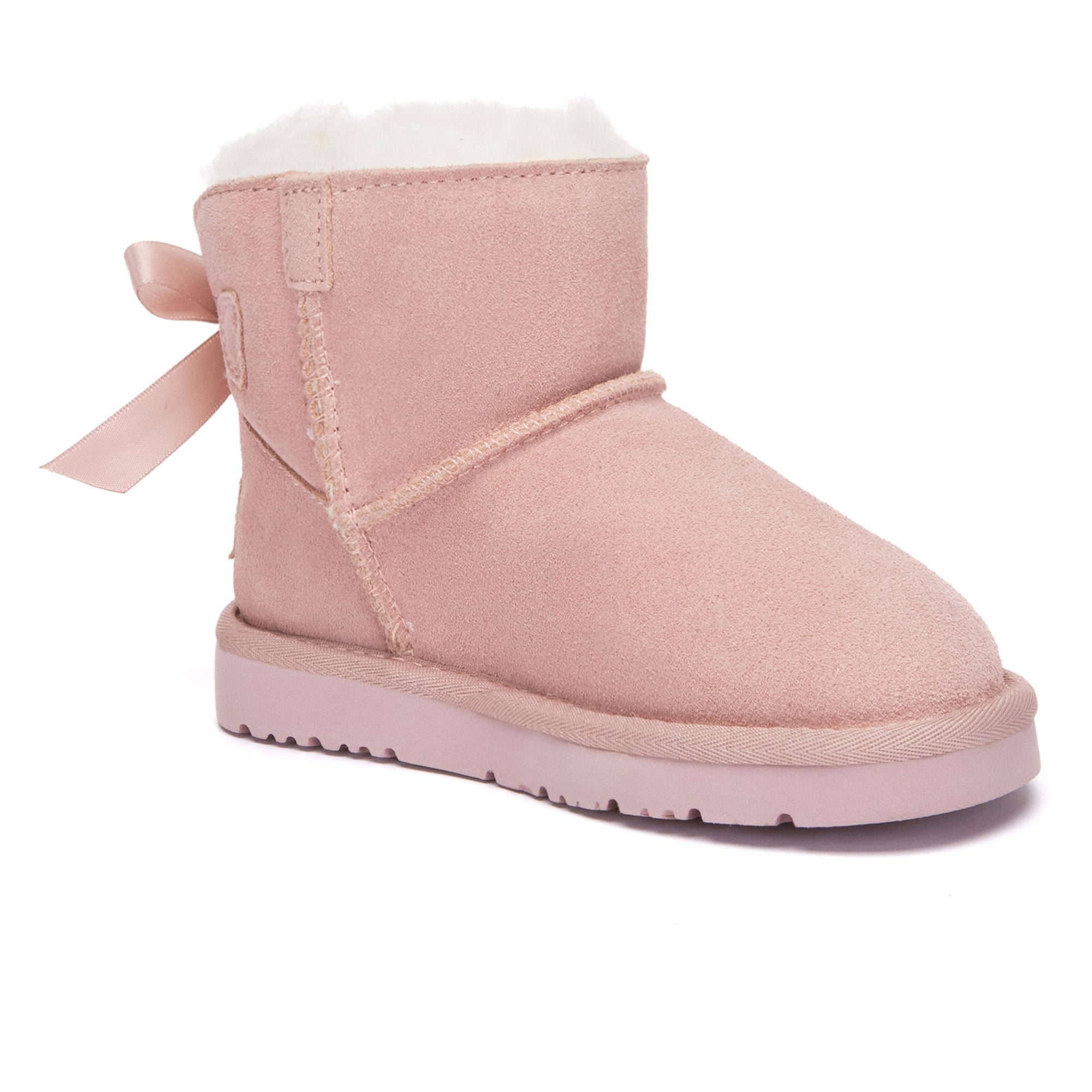 Kids mini classic UGG boots with back bow detail in soft, cozy material, featuring the EverUgg brand logo on the side.