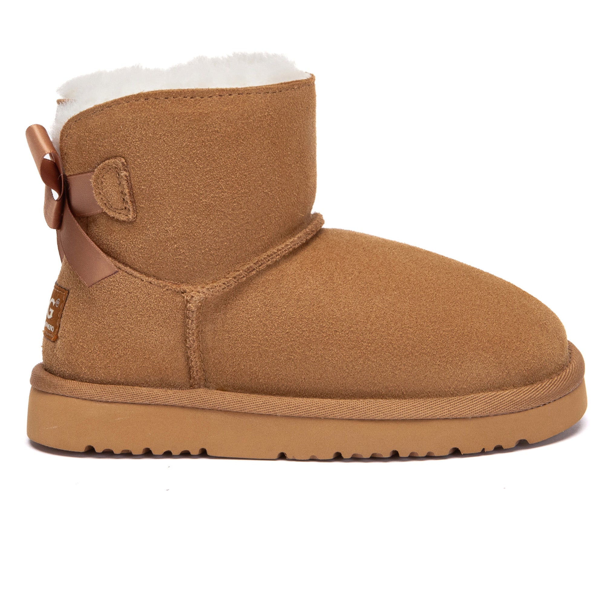 Kids mini UGG boots with classic back bow in brown, featuring soft sheepskin lining and durable rubber soles.