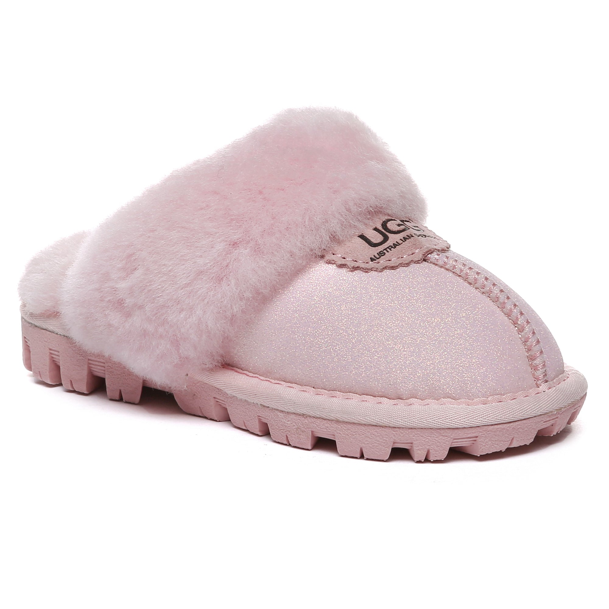 Kids' sparkle UGG slipper in pink with glittery finish, soft plush interior, and slip-on design by EverUgg.