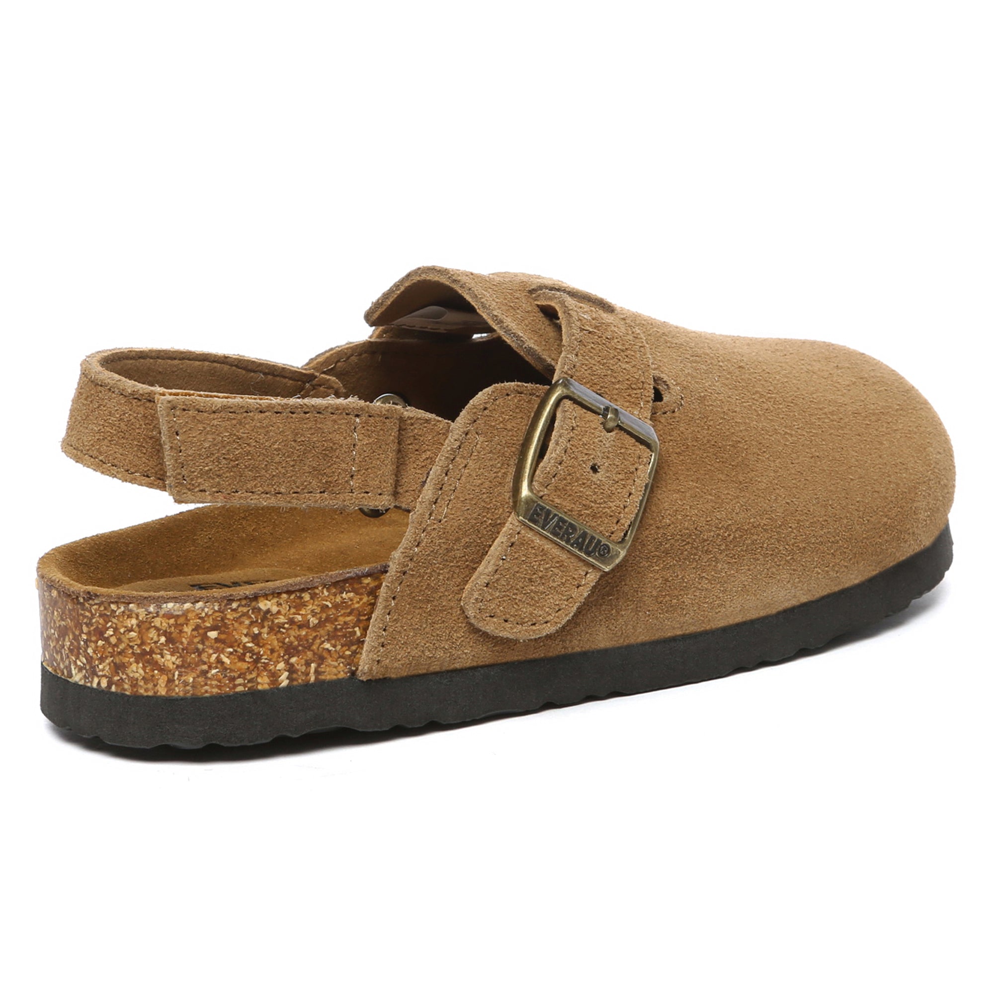 Kids suede slingback clogs sandals in tan with rounded toe and adjustable strap, designed for comfort and style.