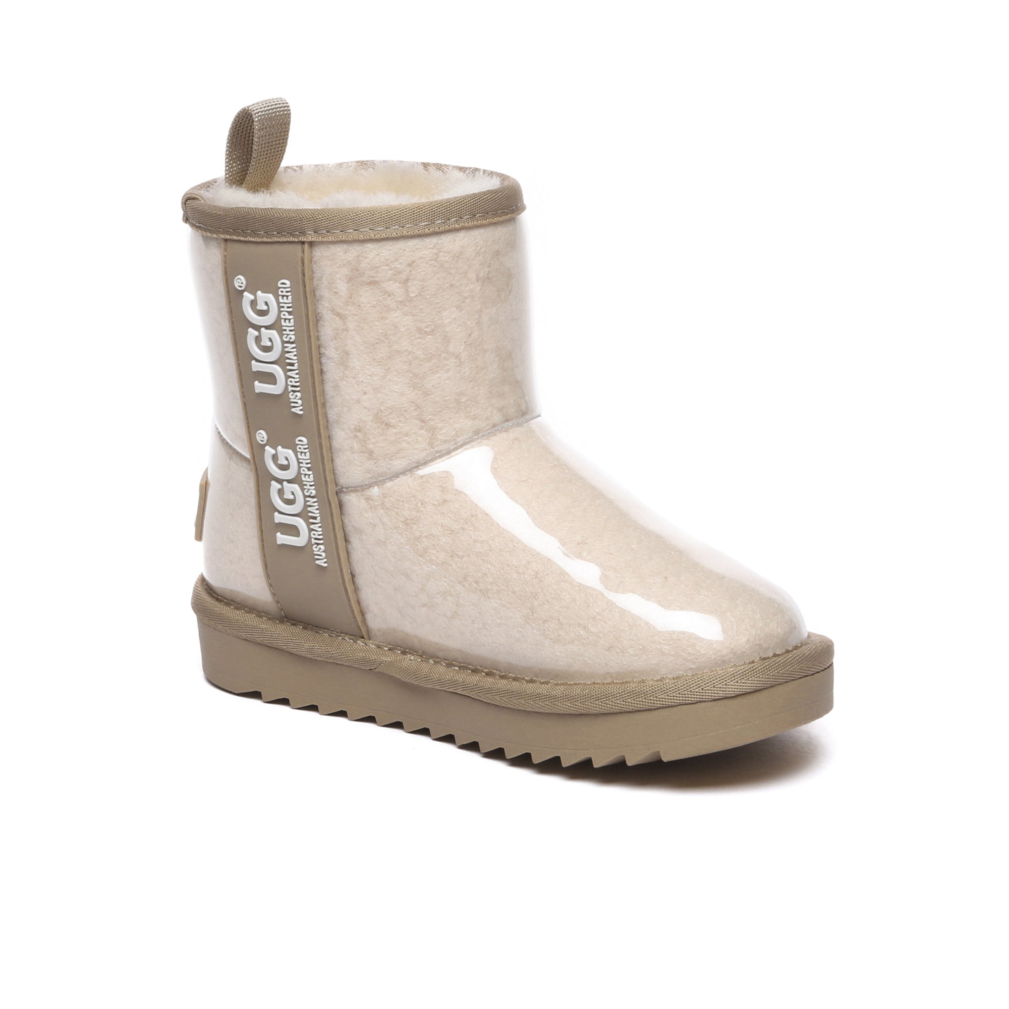 Kids waterproof UGG boots in cream from EverUgg, featuring cozy lining and durable waterproof material for wet weather.