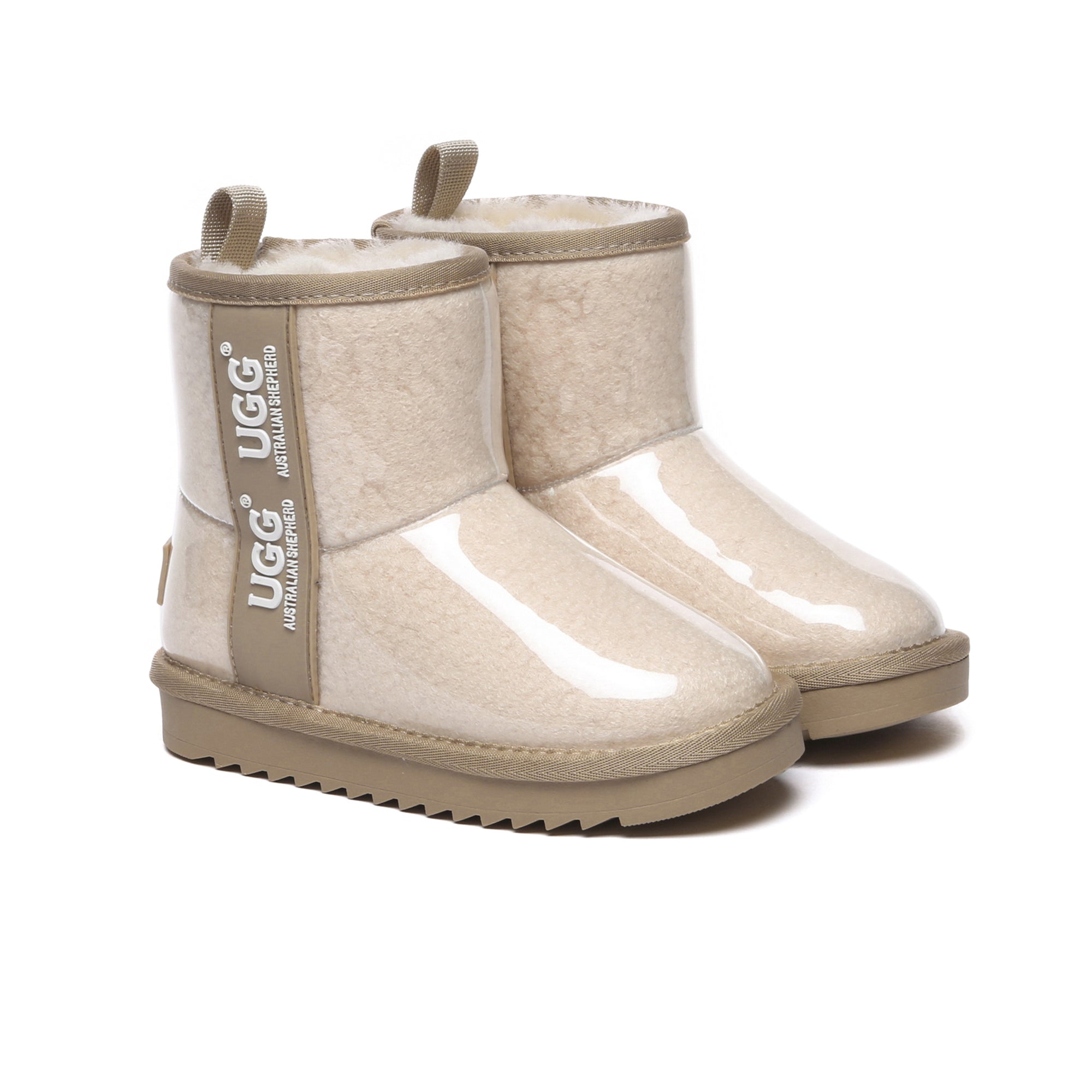 Kids waterproof UGG boots by EverUgg in cream color, showing the cozy, insulated design perfect for wet weather.