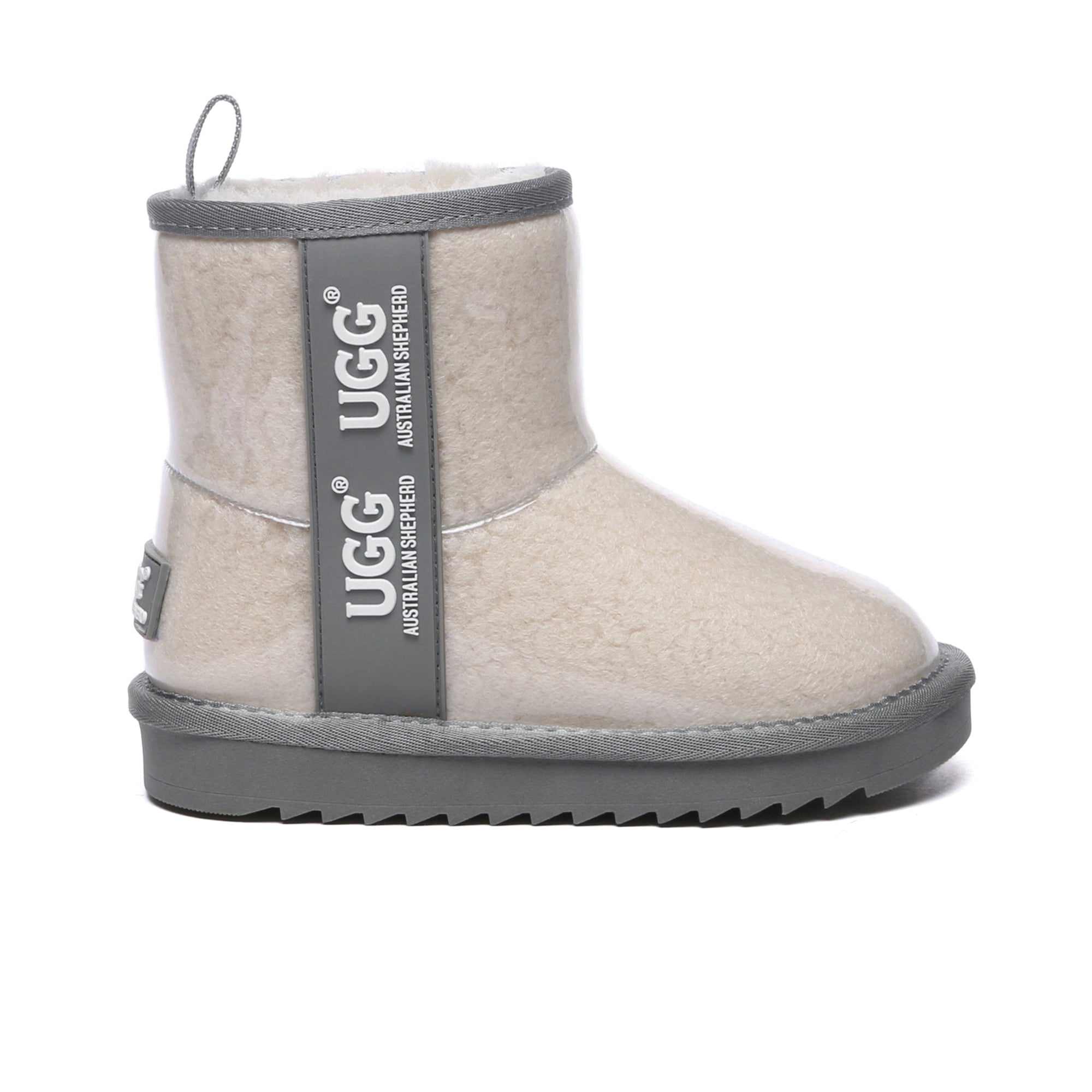 Kids waterproof UGG boots by EverUgg in cream and grey, featuring cozy insulation and durable waterproof material.