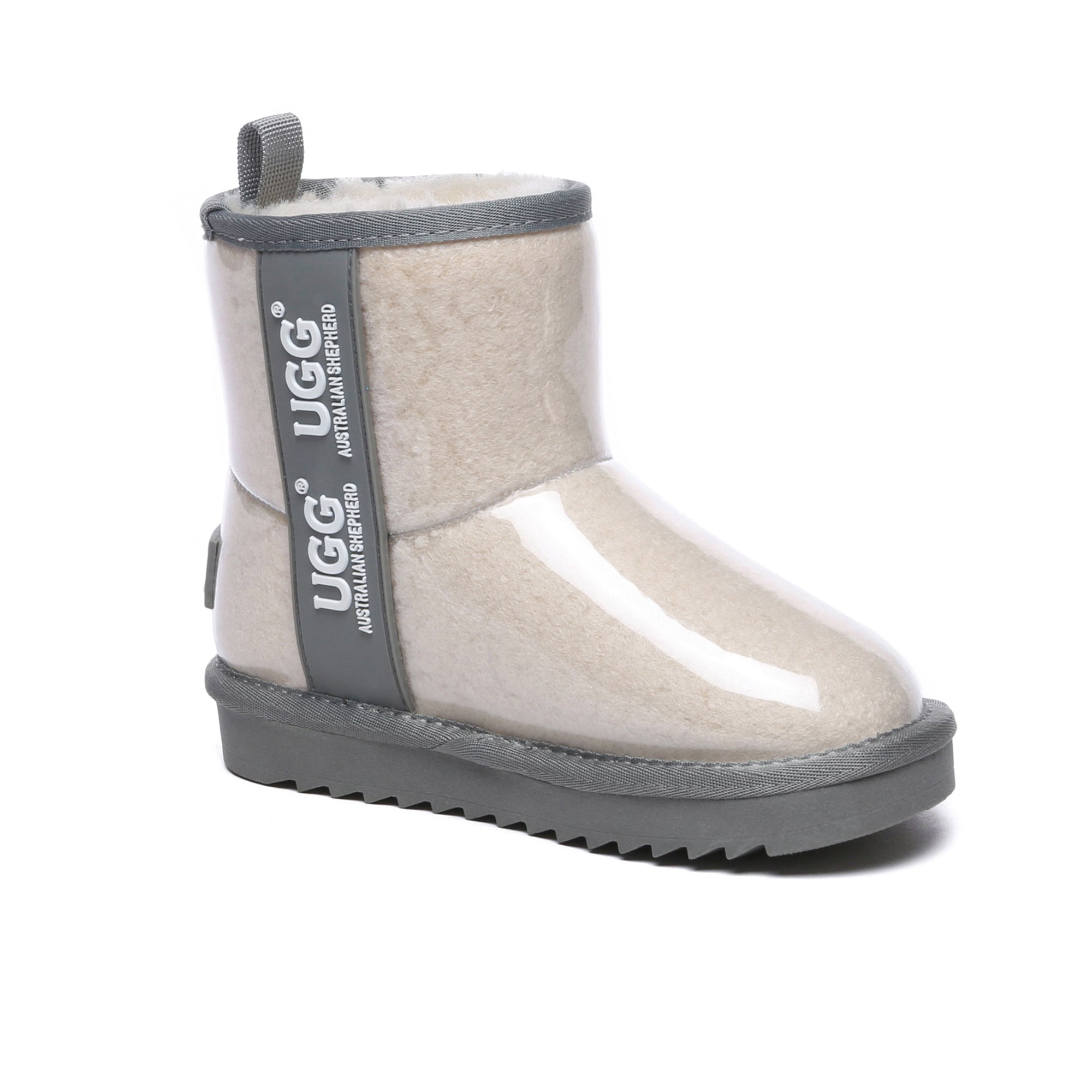 Kids waterproof UGG boots by EverUgg in cream and grey, featuring a cozy, insulated design for winter wear.