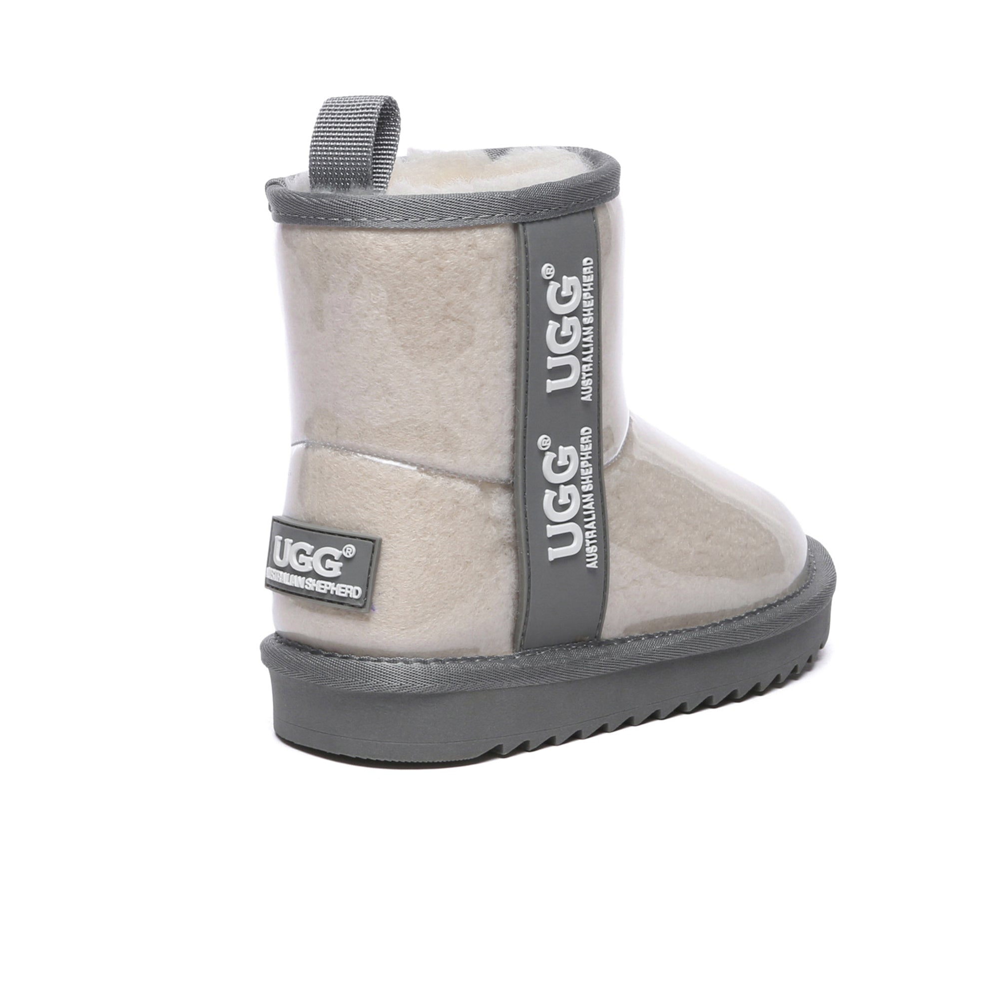 Kids waterproof UGG boots in cream grey by EverUgg, featuring cozy shearling lining and durable waterproof exterior.