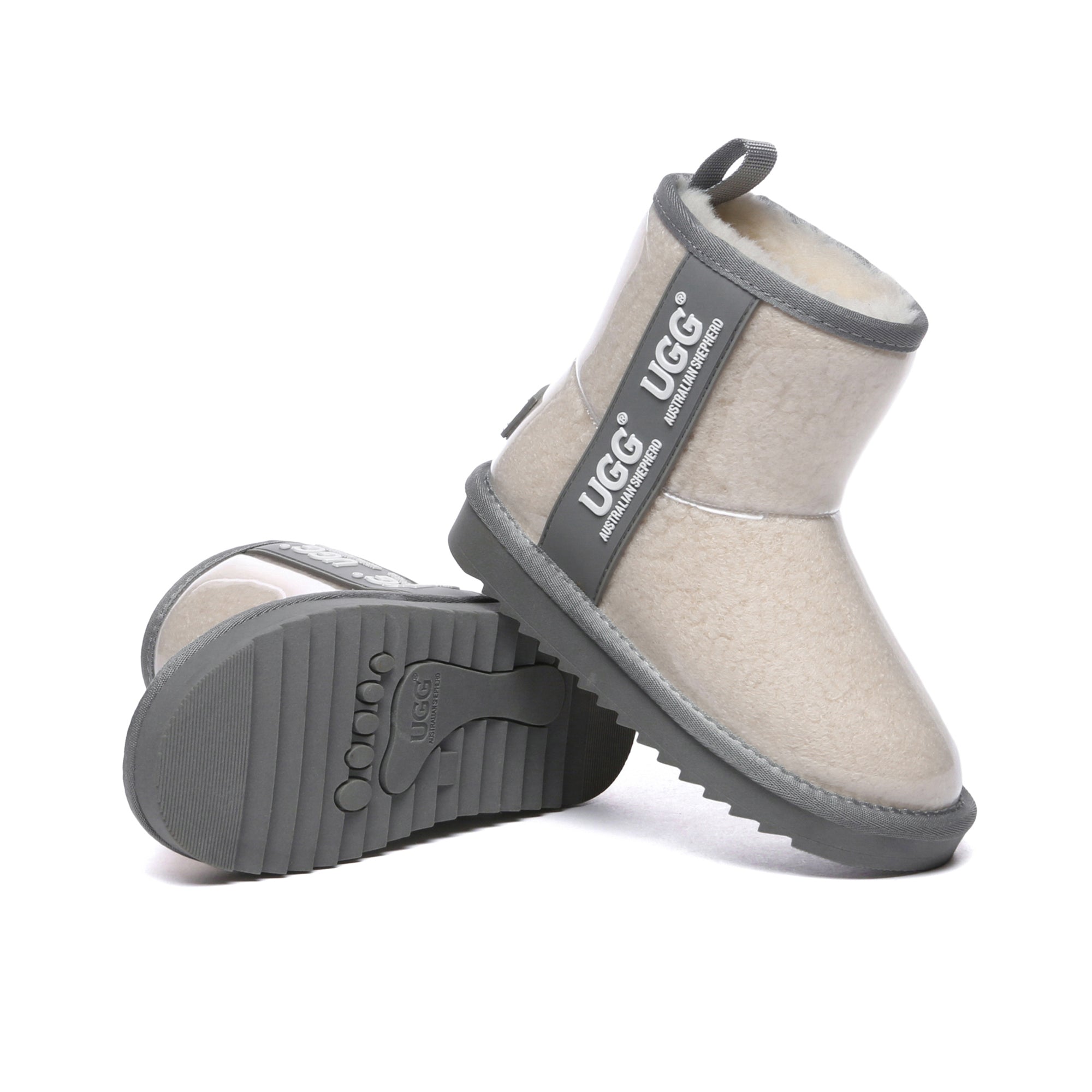 Kids waterproof UGG boots by EverUgg in cream and grey, featuring cozy sheepskin lining and durable waterproof exterior.