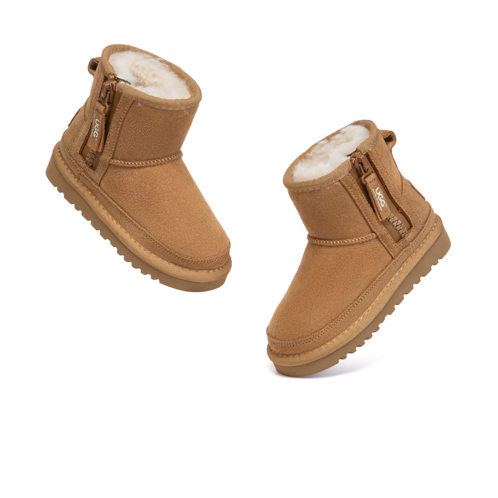 Kids EverUgg Zip Mini Classic UGG Boots in soft plush with zipper closure, perfect for cozy winter wear.