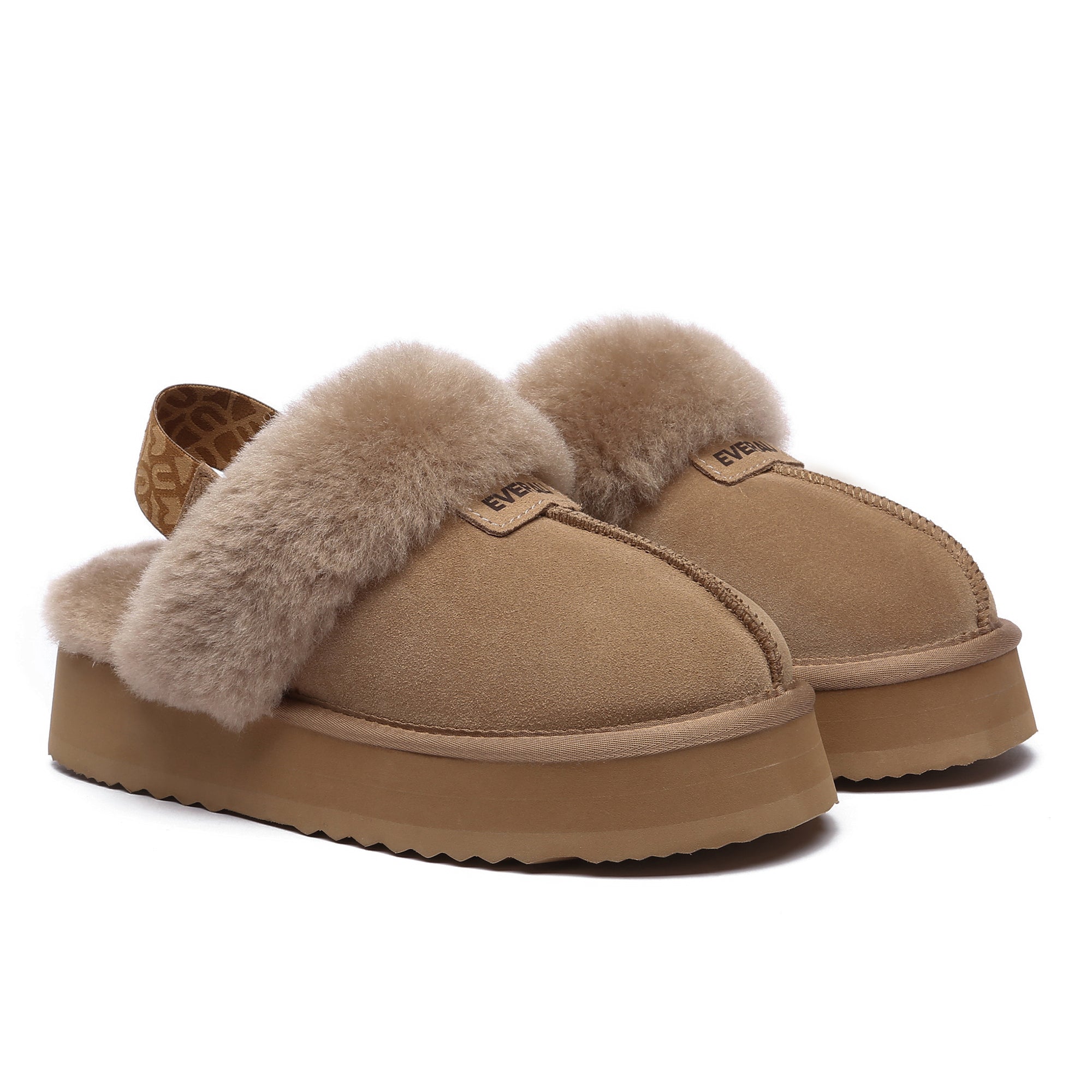 Caramel EverUgg Kirra Platform slippers with thick sole and cozy UGG material, showcasing a stylish and comfortable footwear option.