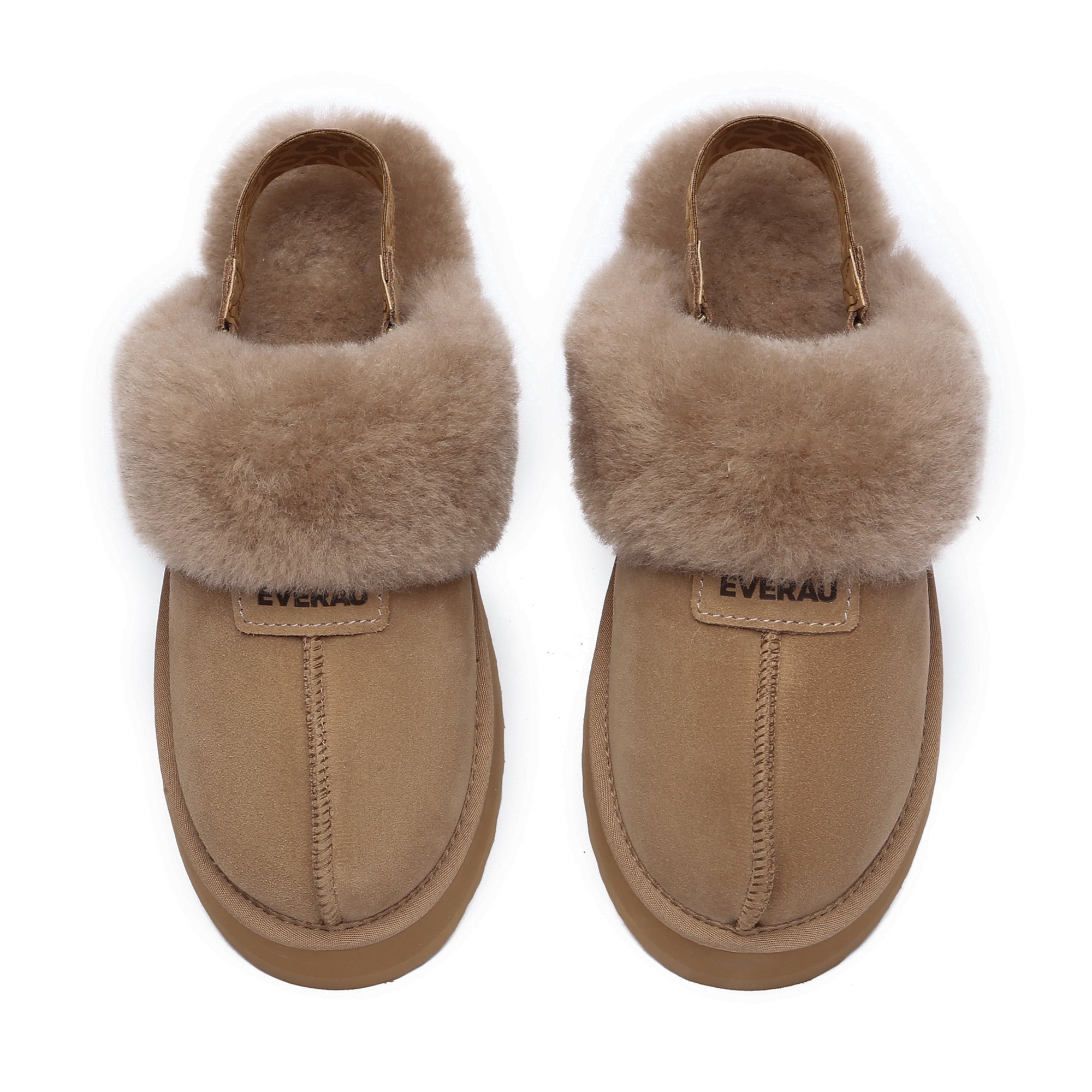 Caramel EverUgg Kirra Platform slippers with thick sole and cozy UGG-style design, displayed on a neutral background.