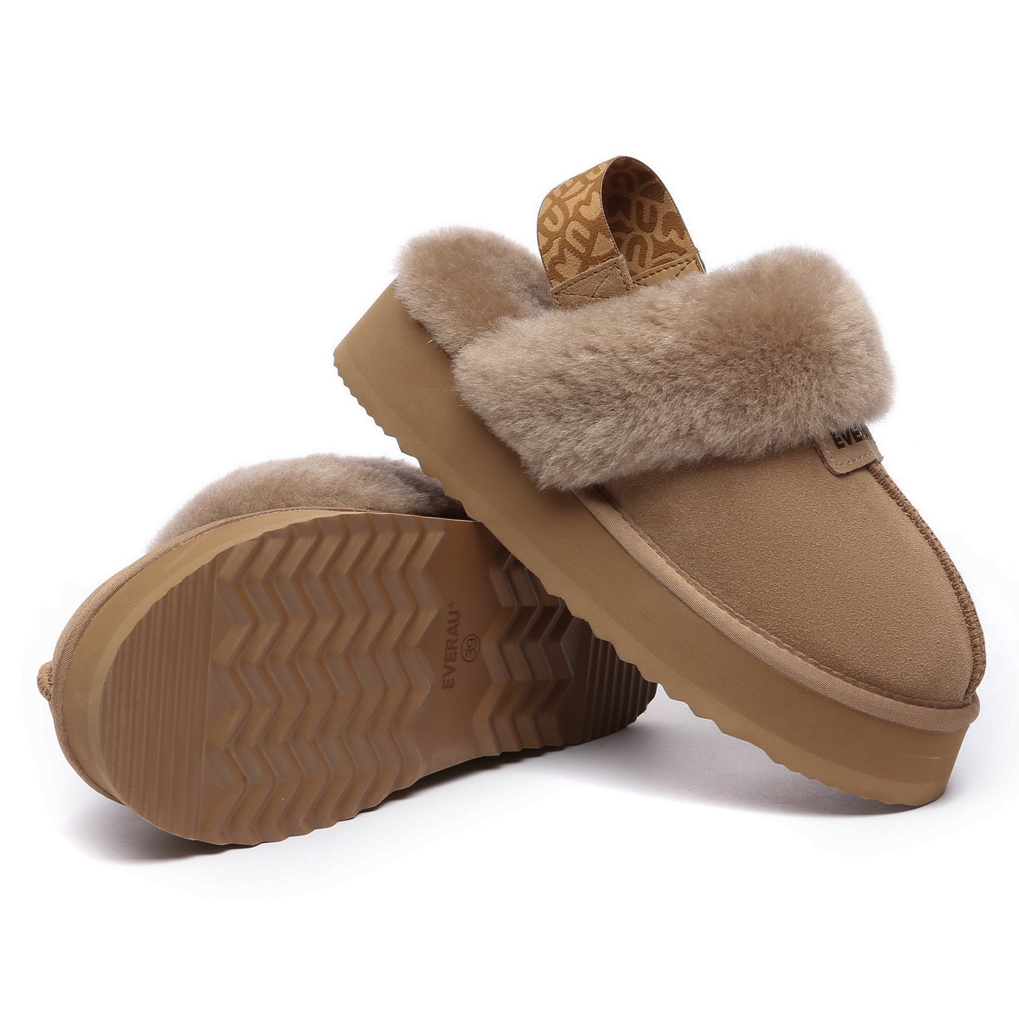 EverUgg Kirra Platform UGG slippers in caramel color with thick platform sole, cozy slip-on design, and plush interior.