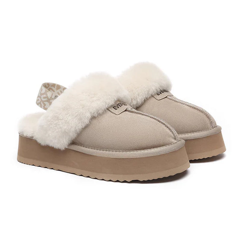 EverUgg Kirra platform slippers with beige straps and chunky sole, casual slip-on footwear for comfort and style.