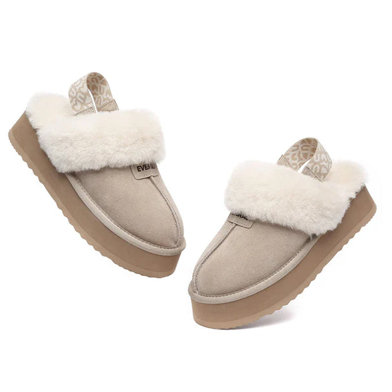 EverUgg Kirra platform slippers in tan, showcasing their comfortable UGG-style design with thick soles and cozy material.