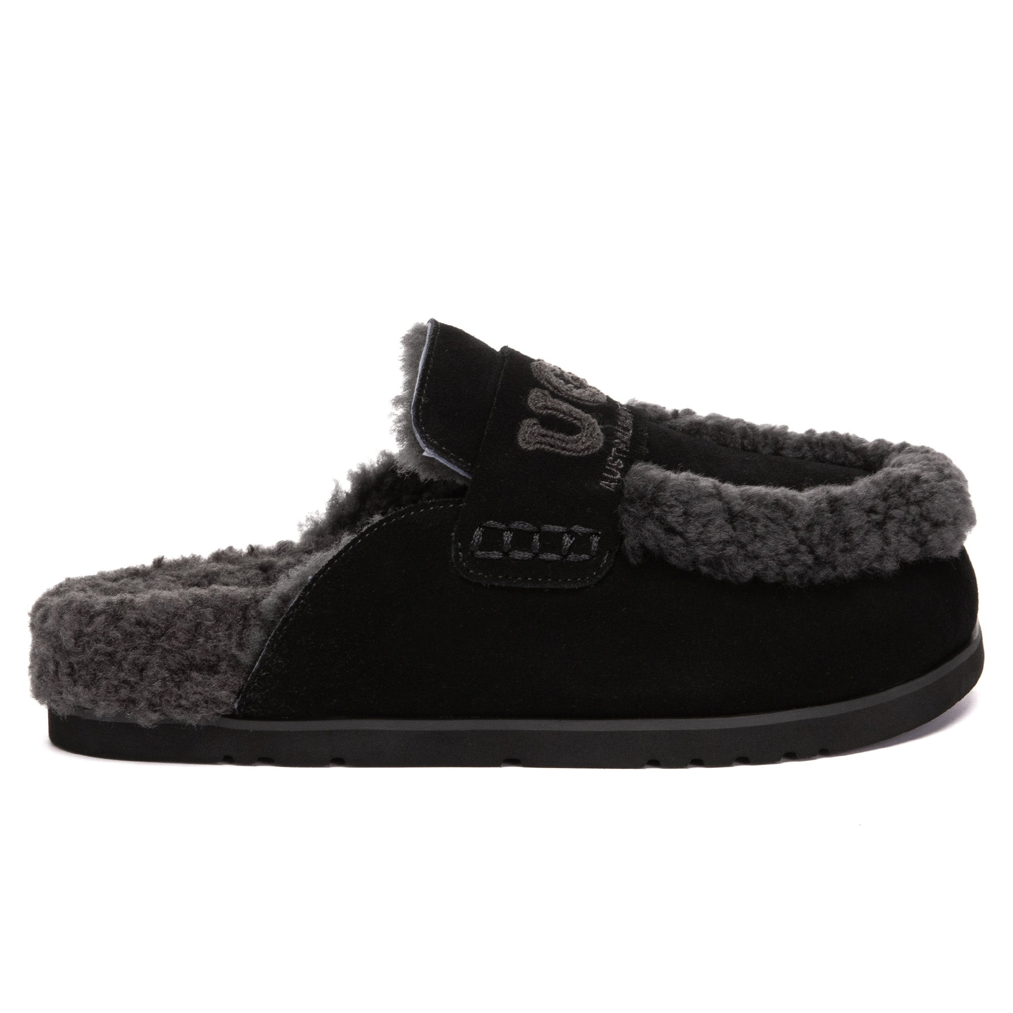 EverUgg Laura shearling logo slippers showcasing soft sheepskin material and cozy design for comfortable indoor wear.