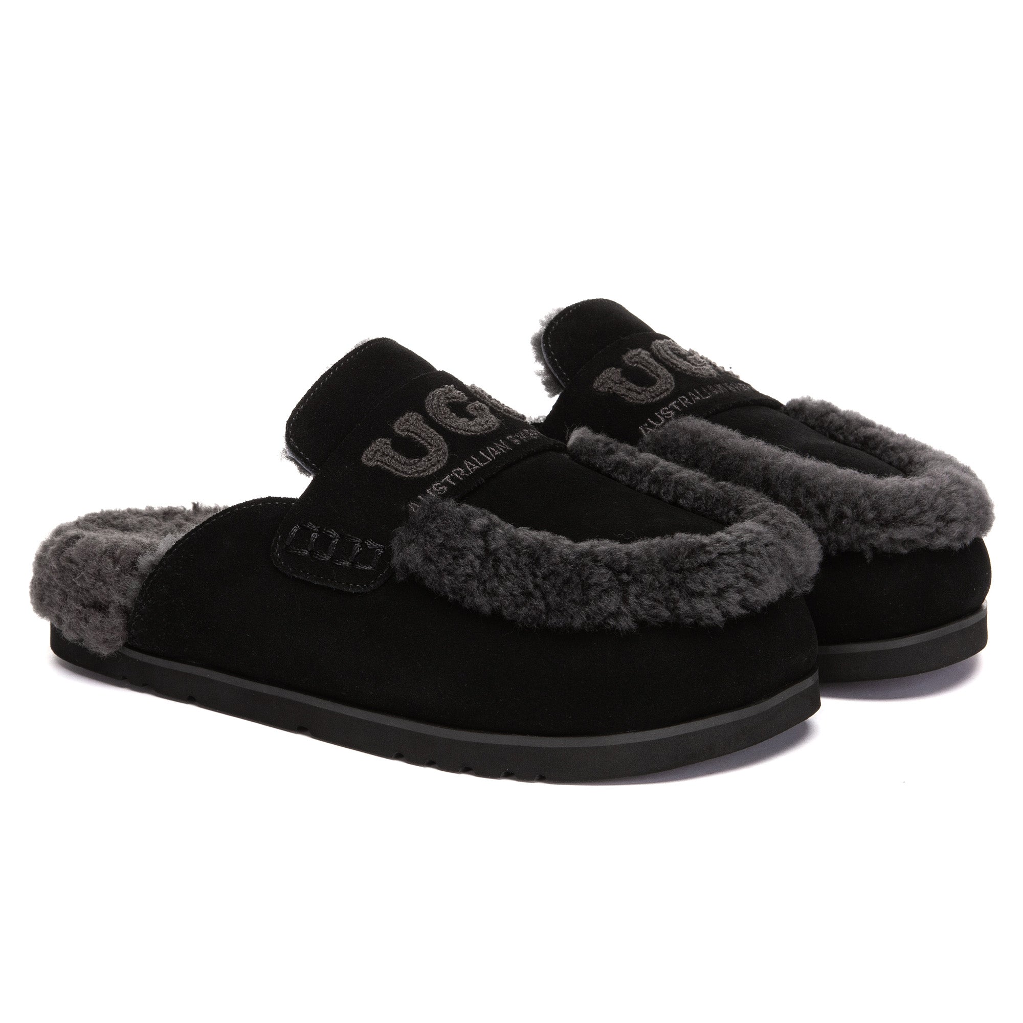 EverUgg Laura shearling logo slippers featuring plush interior, soft suede exterior, and UGG branding for cozy comfort.