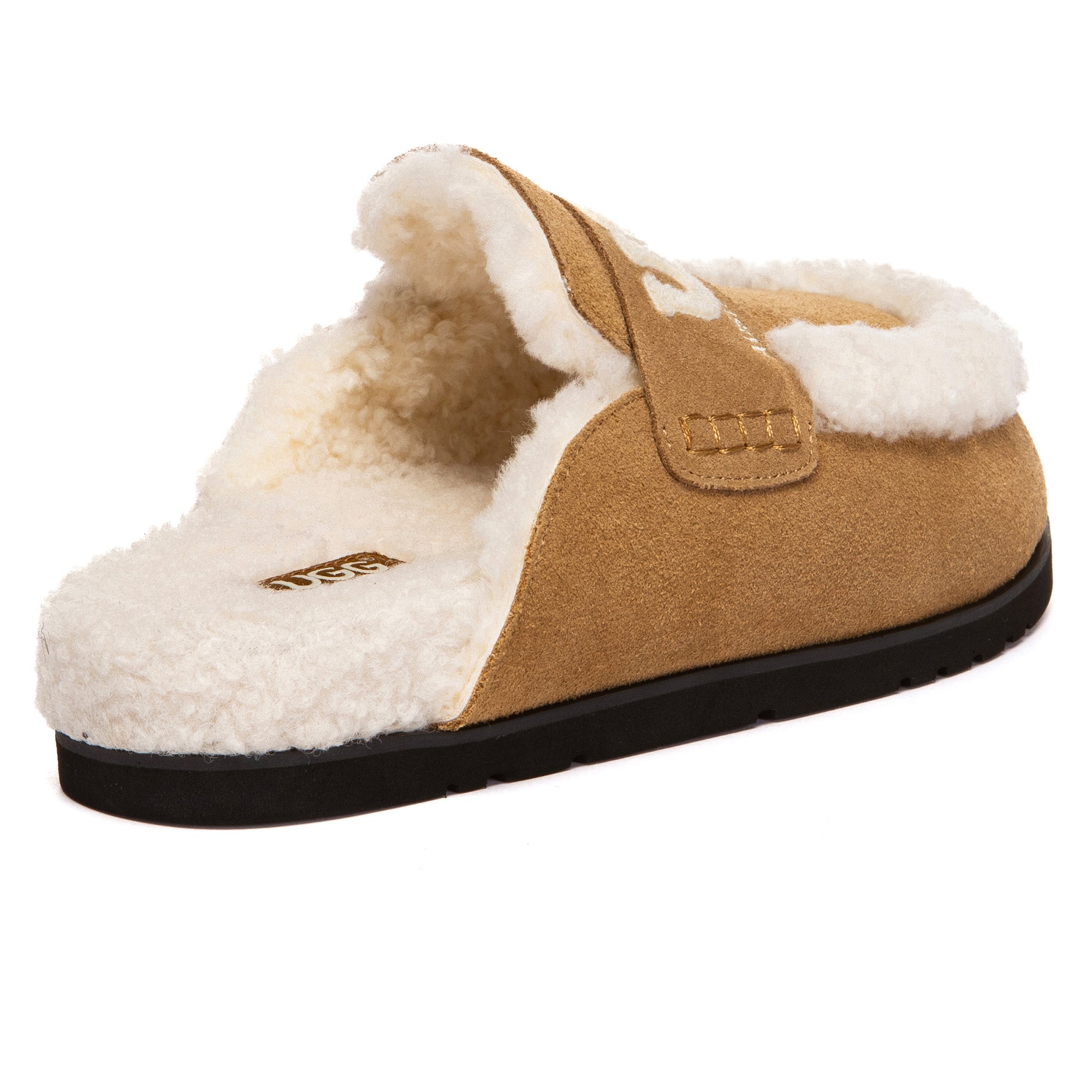 EverUgg Laura shearling logo slippers with plush interior and UGG branding, designed for cozy indoor wear.