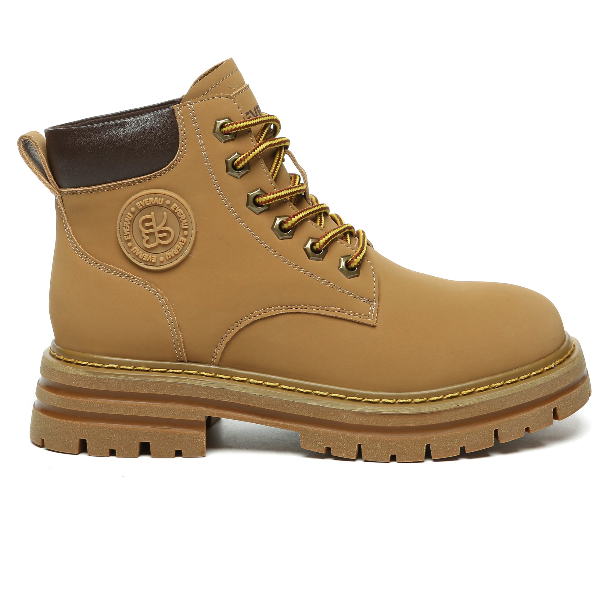Brown leather high top Timber boots by EverUgg featuring stylish design and sturdy sole, perfect for casual women's fashion.