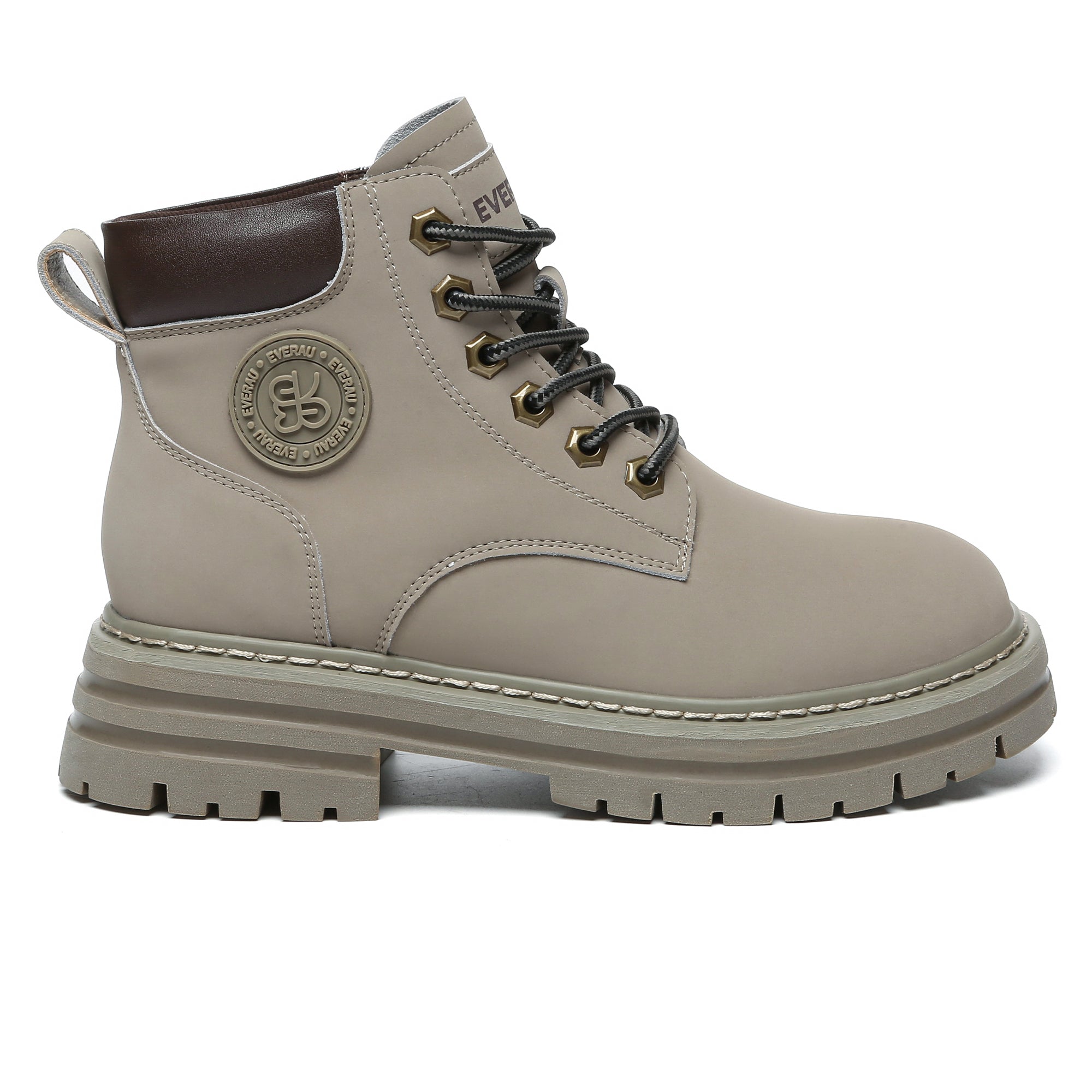 EverUgg leather high top Timber boots for women, showing stylish ankle-high design with rugged leather texture and sturdy sole.