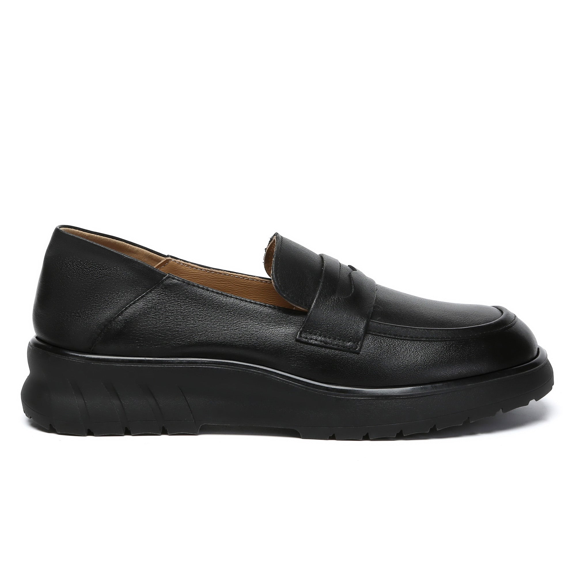 EverUgg leather slip-on loafers showing smooth brown leather with sleek design and rounded toe.