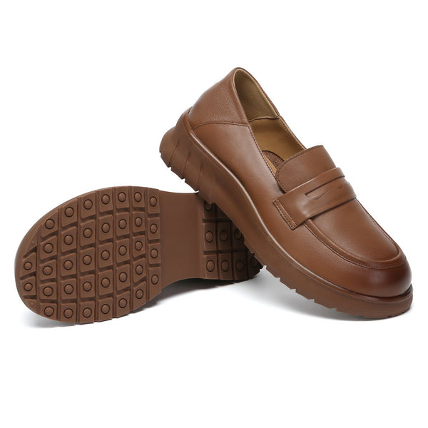 EverUgg leather slip-on loafers shown in tan with smooth finish and classic design, featuring rounded toe and low heel.