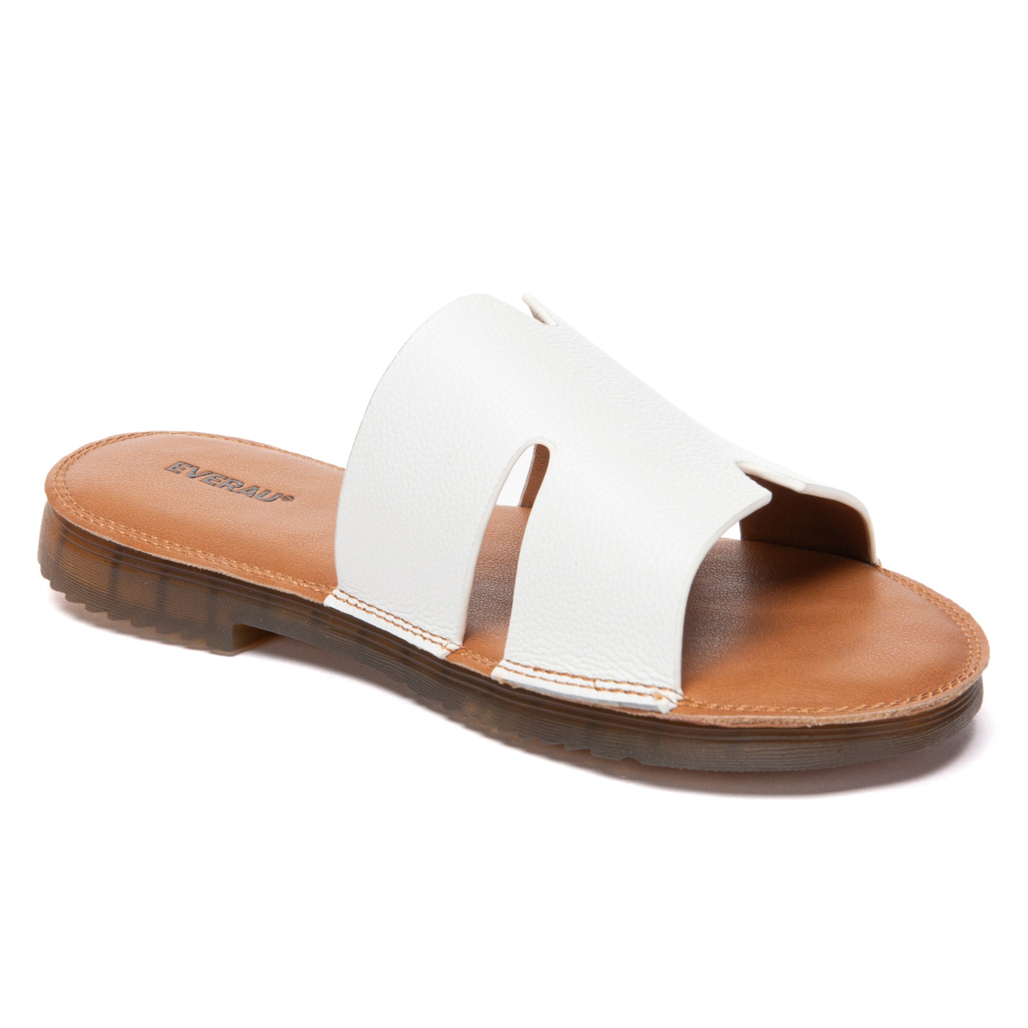 EverUgg leather woven flat slides for women, showing stylish slip-on slippers with woven detailing and smooth leather finish.