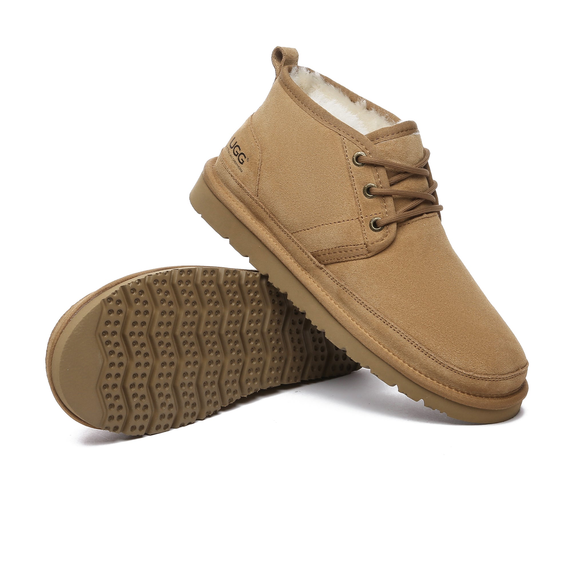 EverUgg Leo Men UGG ankle boots showing black leather exterior and rugged rubber soles.