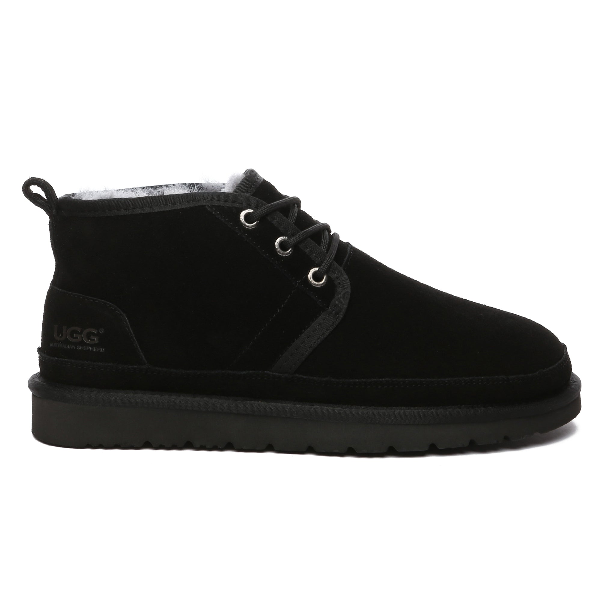 EverUgg Leo Men UGG ankle boots showing black leather upper, rugged sole, and ankle height design.