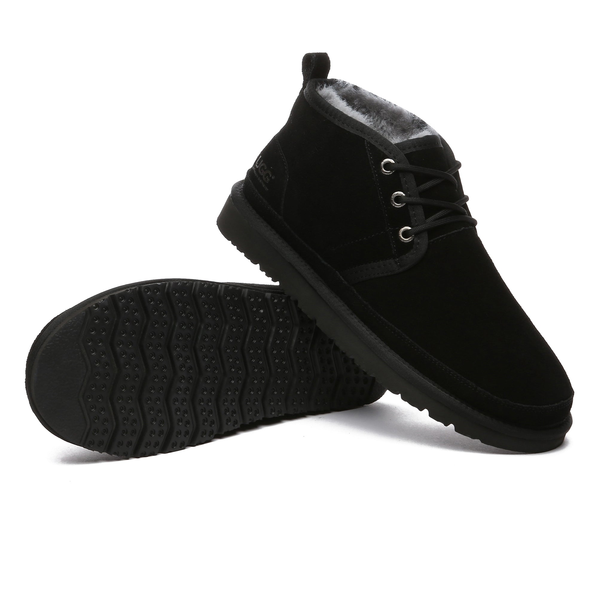 EverUgg Leo Men UGG ankle boots showing black leather shoes with sturdy soles and classic design.