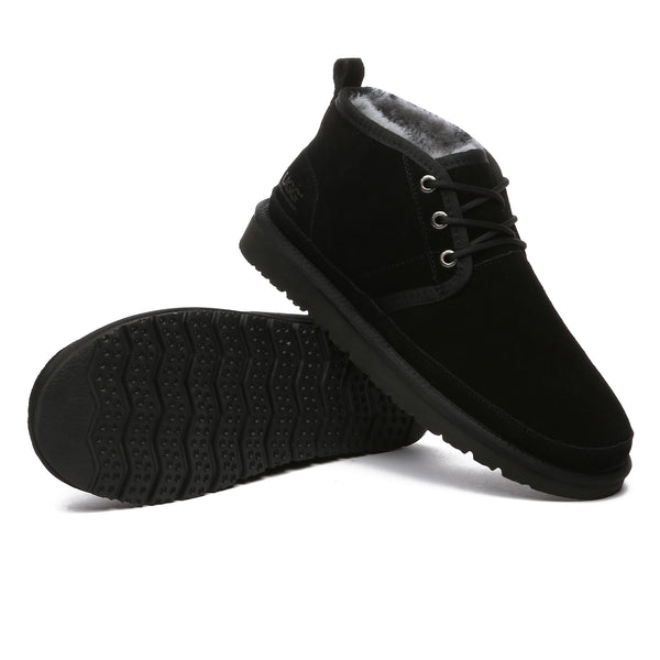 EverUgg Leo Men UGG ankle boots showing black leather shoes with sturdy soles and classic design.