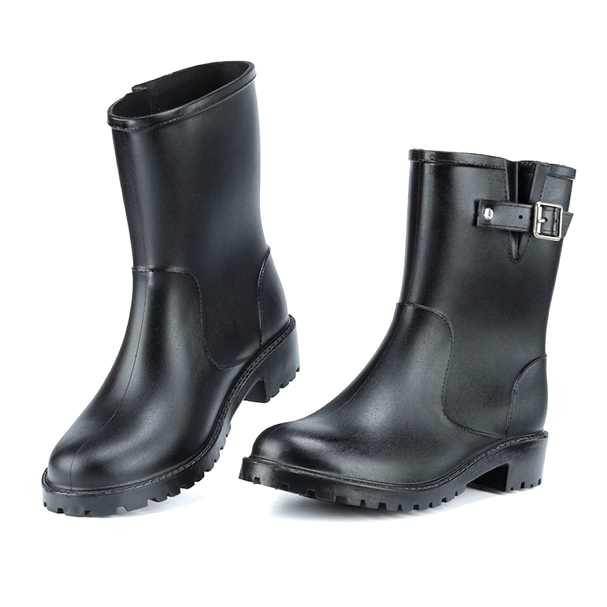 AllSlides Logan Buckled Strap Waterproof Short Gumboots in rain with buckle straps and sturdy rubber soles.