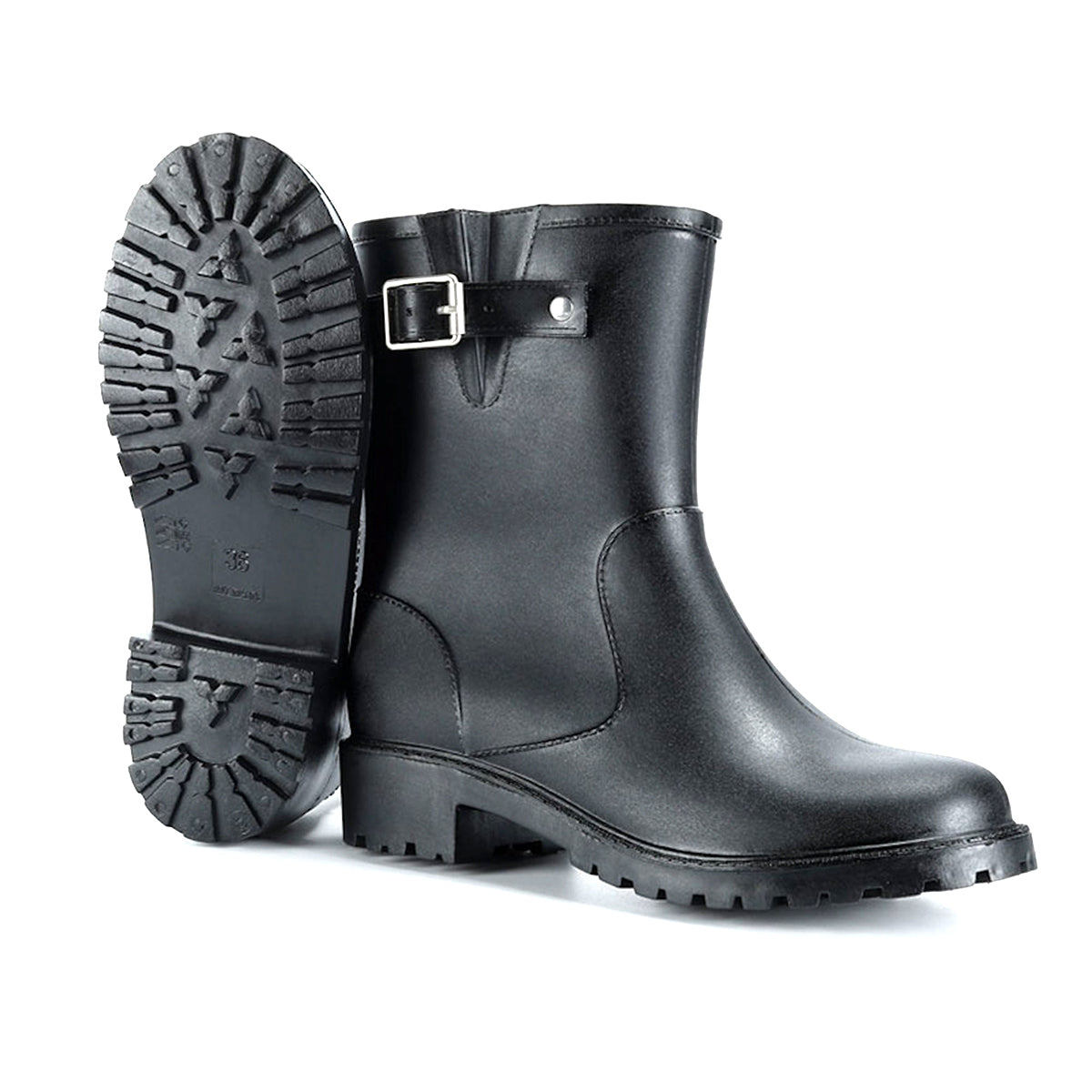 AllSlides Logan Buckled Strap waterproof short gumboots with buckles and waterproof material, ideal for rainy weather.
