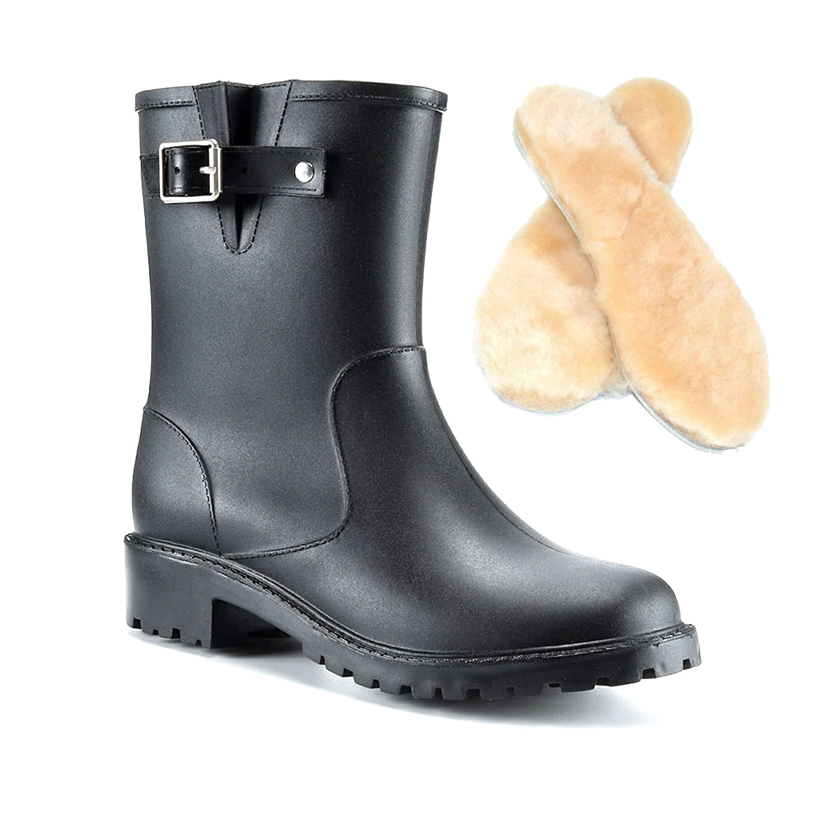 AllSlides Logan waterproof short gumboots with buckled strap, ideal for rainy weather, featuring durable rubber construction.