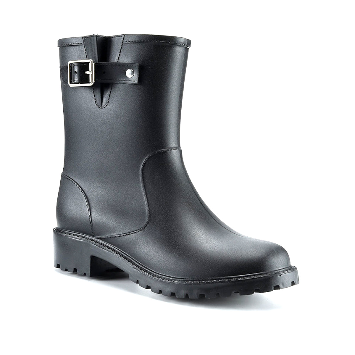 AllSlides Logan Buckled Strap Waterproof Short Gumboots in black with buckled straps, suitable for rainy weather.