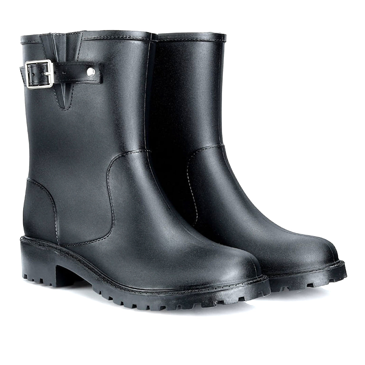 AllSlides Logan buckled strap waterproof short gumboots with buckle detail, designed for rainy weather and outdoor wear.