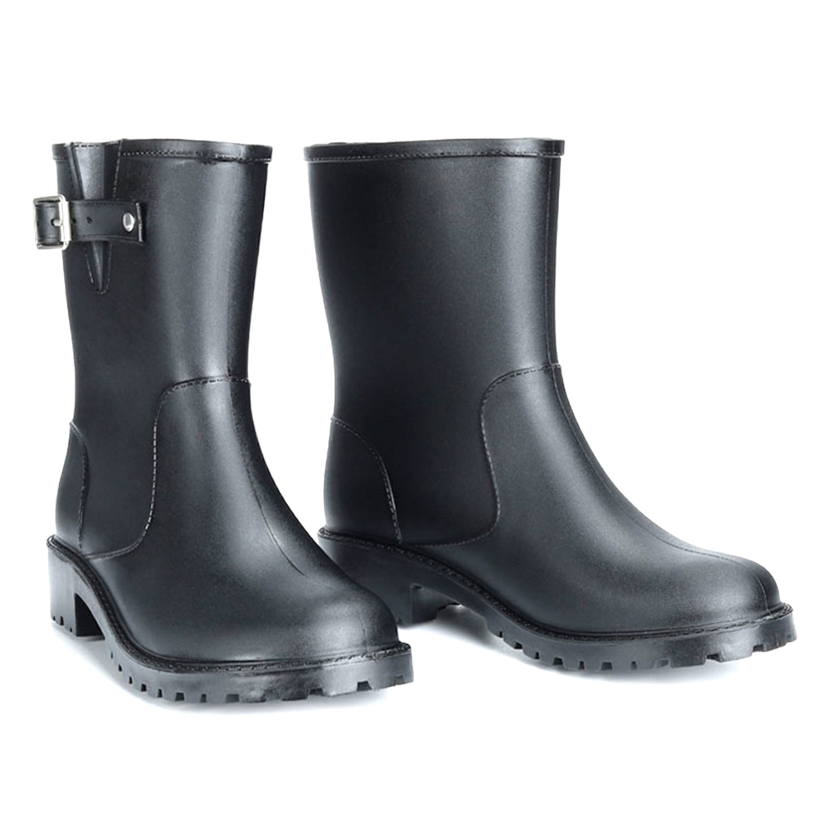 AllSlides Logan waterproof short gumboots with buckled straps, ideal for rainy weather, featuring a sturdy rubber sole and waterproof design.