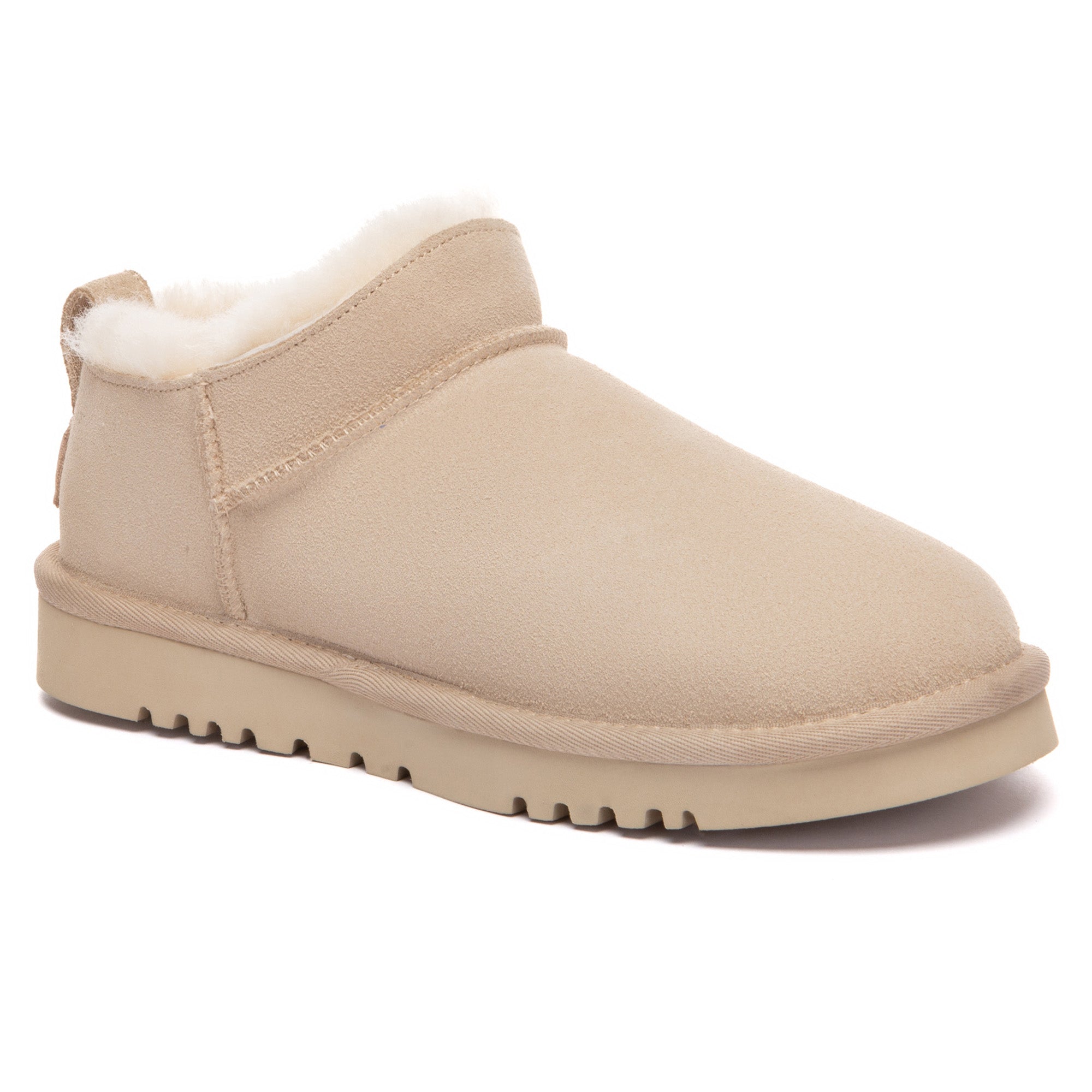 EverUgg Lune Nano Ankle Classic UGG Boots in neutral color with plush sheepskin lining and suede exterior.