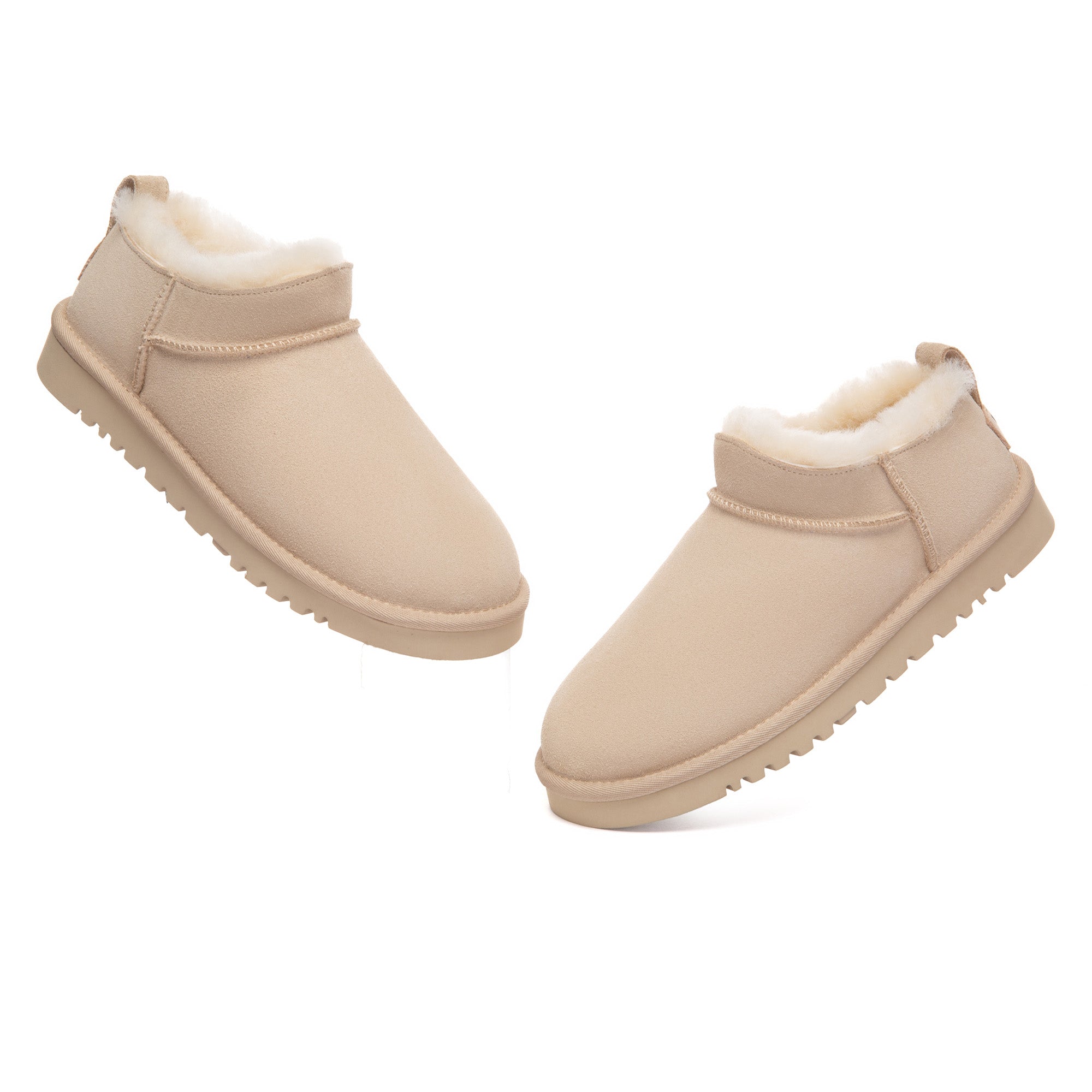 EverUgg Lune Nano Ankle Classic UGG Boots in neutral suede with plush sheepskin lining, stylish and cozy ankle boots.