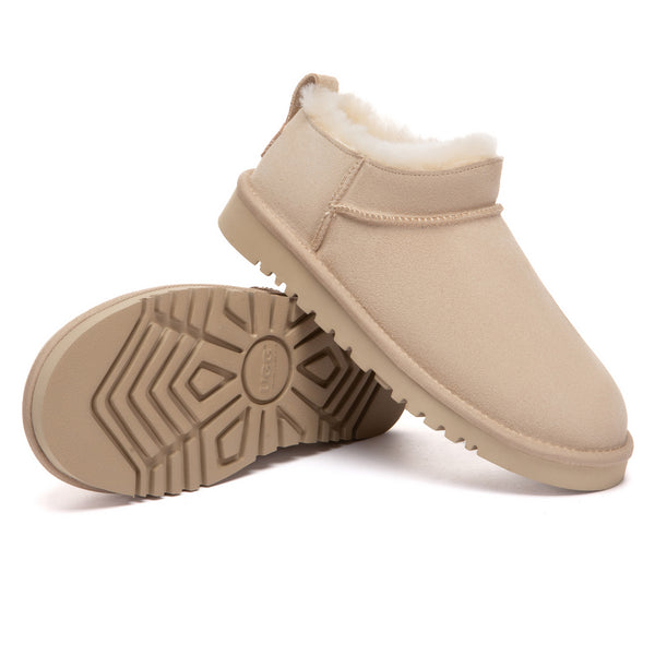 EverUgg Lune Nano Ankle Classic UGG Boots in neutral color, showcasing cozy suede exterior and plush interior.