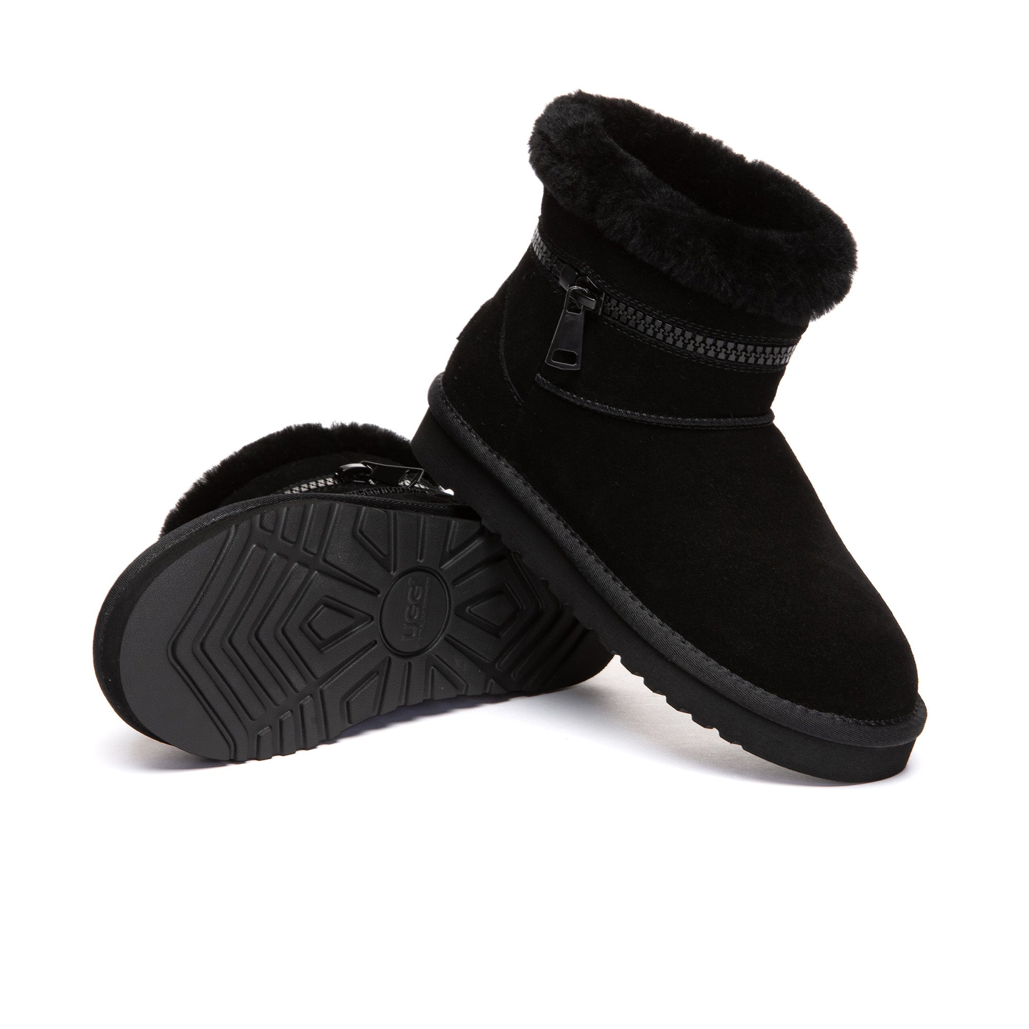 EverUgg Lynn Zip Mini ankle UGG boots for women, showcasing black suede shoes with side zippers and cozy sheepskin lining.